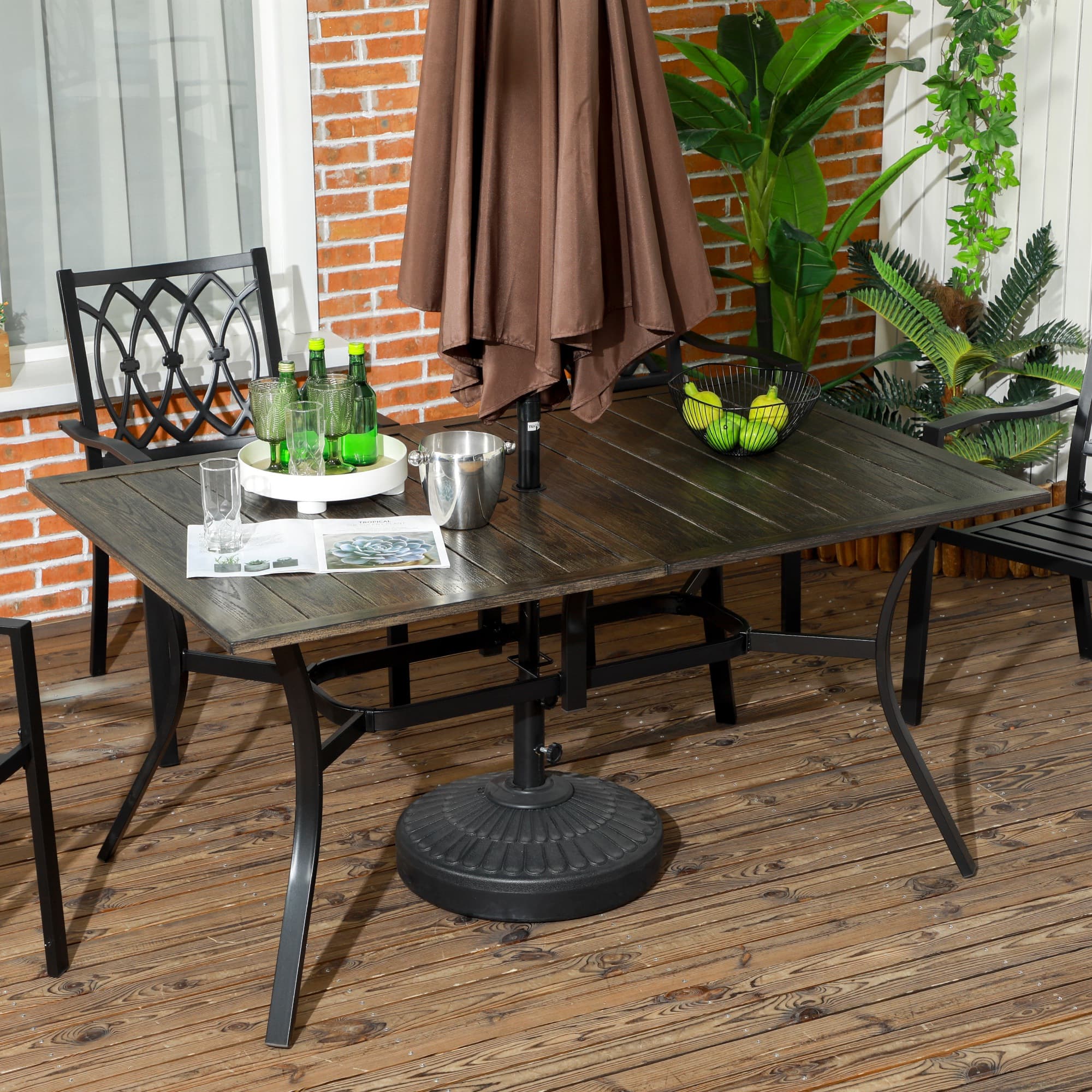 Outsunny Steel Frame 59 Inch Outdoor Dining Table for Six with Parasol Hole, Wood Grain Tabletop, for Backyard, Garden, Brown | Aosom Canada