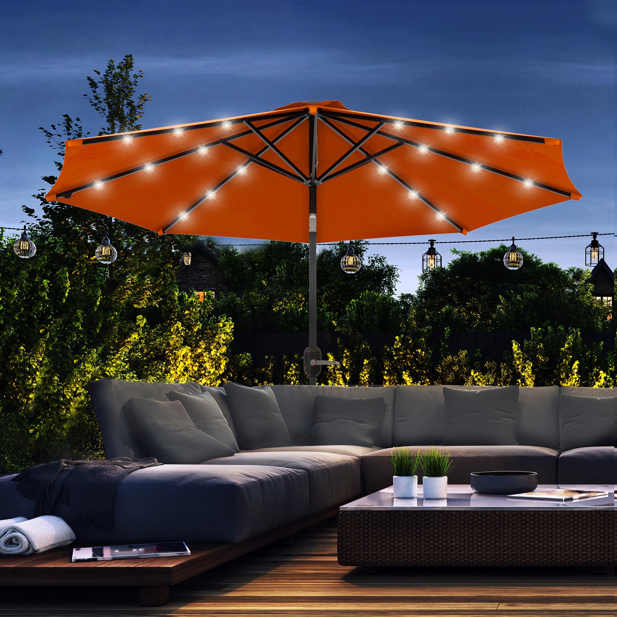 Outsunny 9ft Solar Patio Umbrella Outdoor Sunshade 24 LED Lights Tilt Canopy Orange | Aosom Canada
