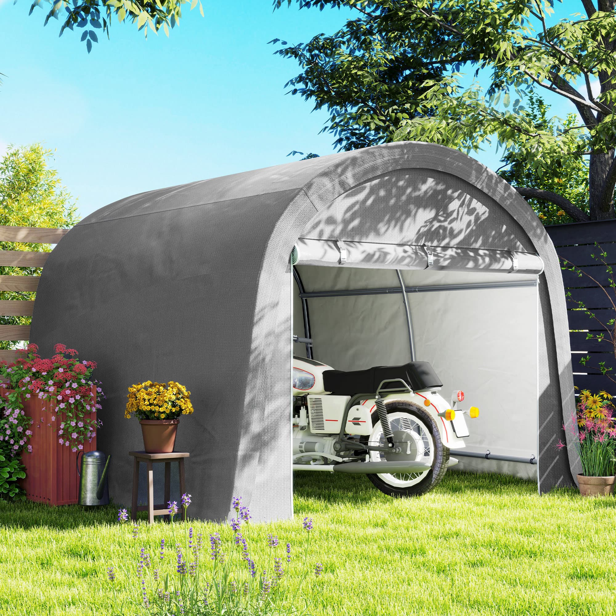 Outsunny 10' x 10' Outdoor Storage Tent, Heavy Duty and Waterproof Portable Shed for Bike, Motorcycle & Garden Tools, Light Grey | Aosom Canada
