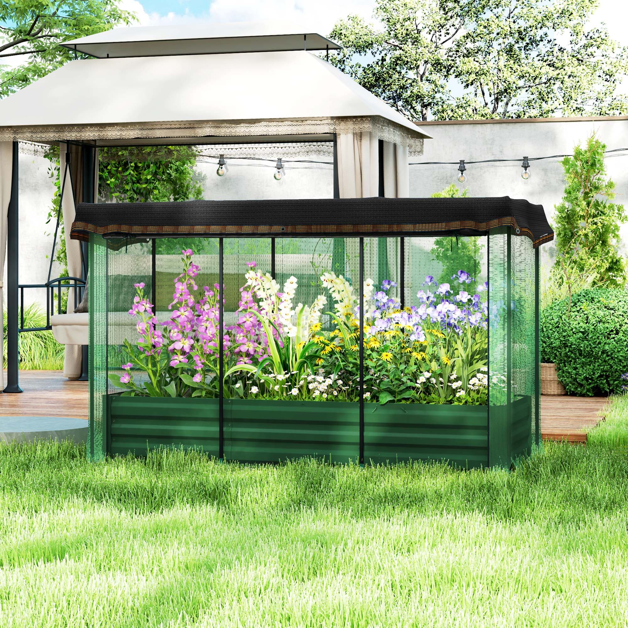 Outsunny Galvanized Steel Planter Box with Crop Cage and Shade Cloth, Raised Garden Bed for Flowers, Vegs and Herbs, Green | Aosom Canada