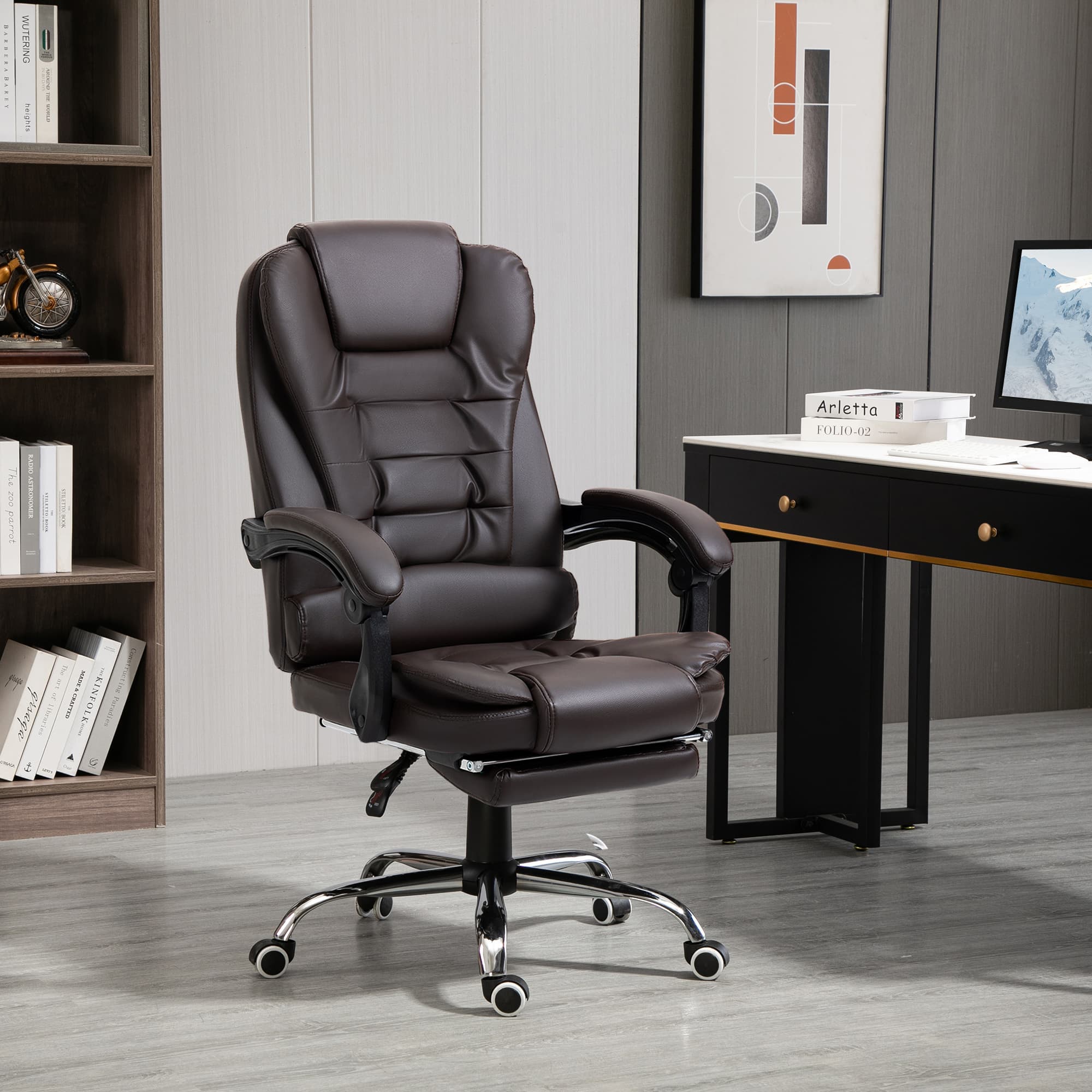 HOMCOM High Back Office Chair PU Leather Executive Office Chair with Retractable Footrest Padded Armrest Coffee | Aosom Canada