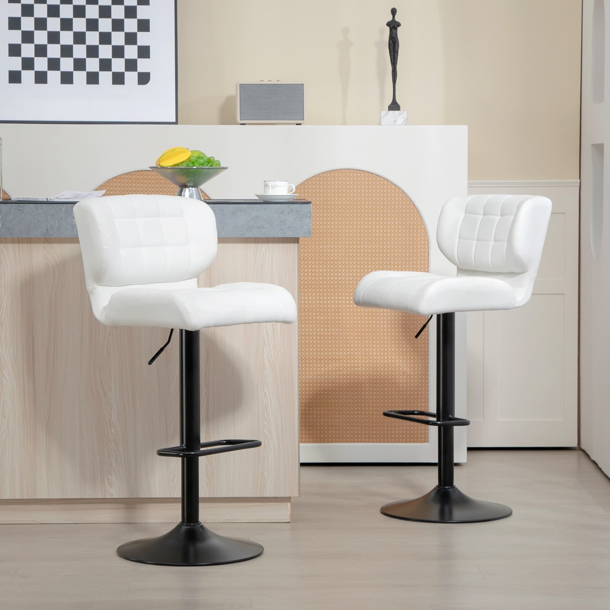 HOMCOM Swivel PU Leather Barstools Set of 2 Adjustable Bar Stools with Footrest Back for Kitchen Counter Dining Room White | Aosom Canada