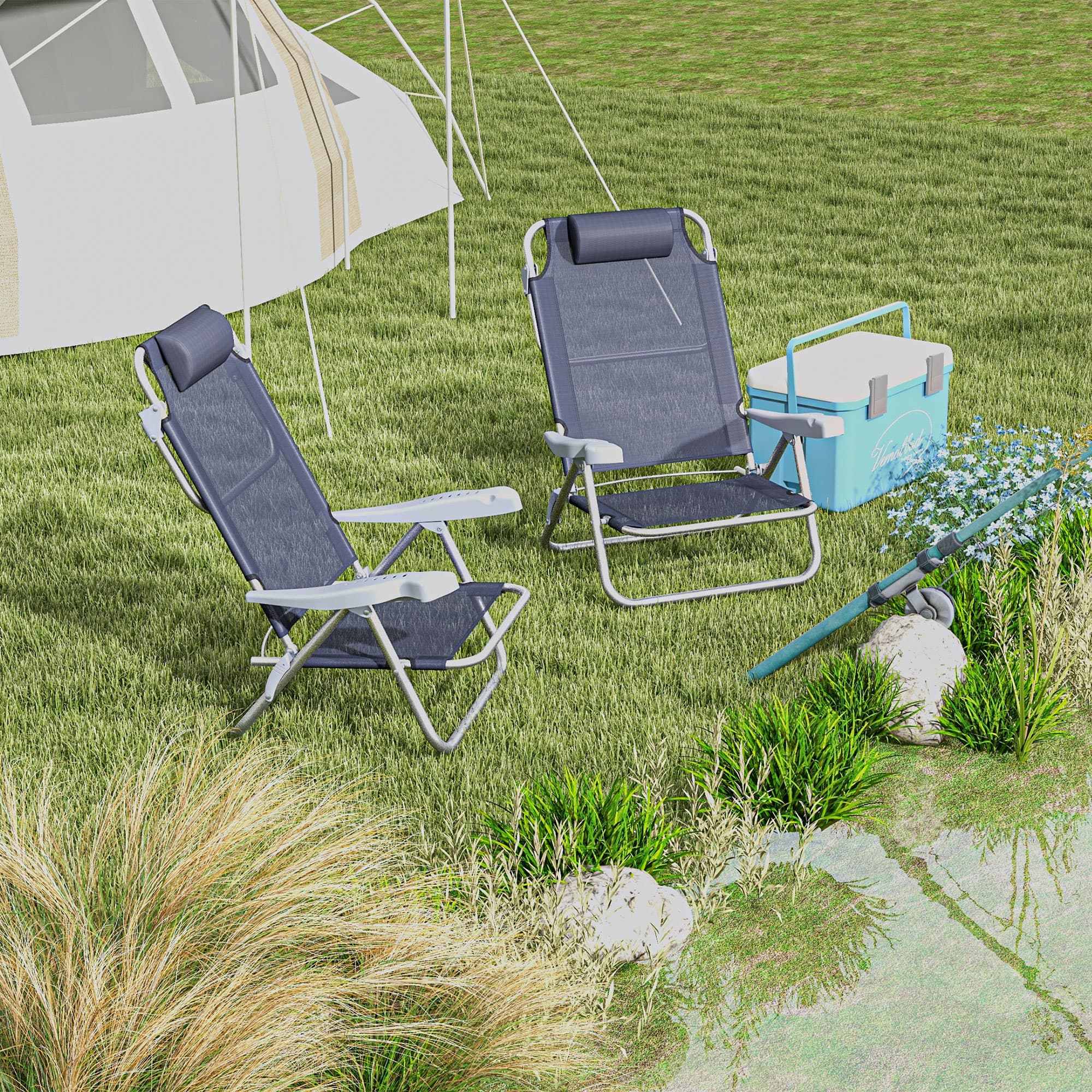 Outsunny Set of 2 Fishing Chairs, Camping Chairs with Adjustable Backrest and Headrest, Folding Chair for Outdoor, Dark Blue | Aosom Canada