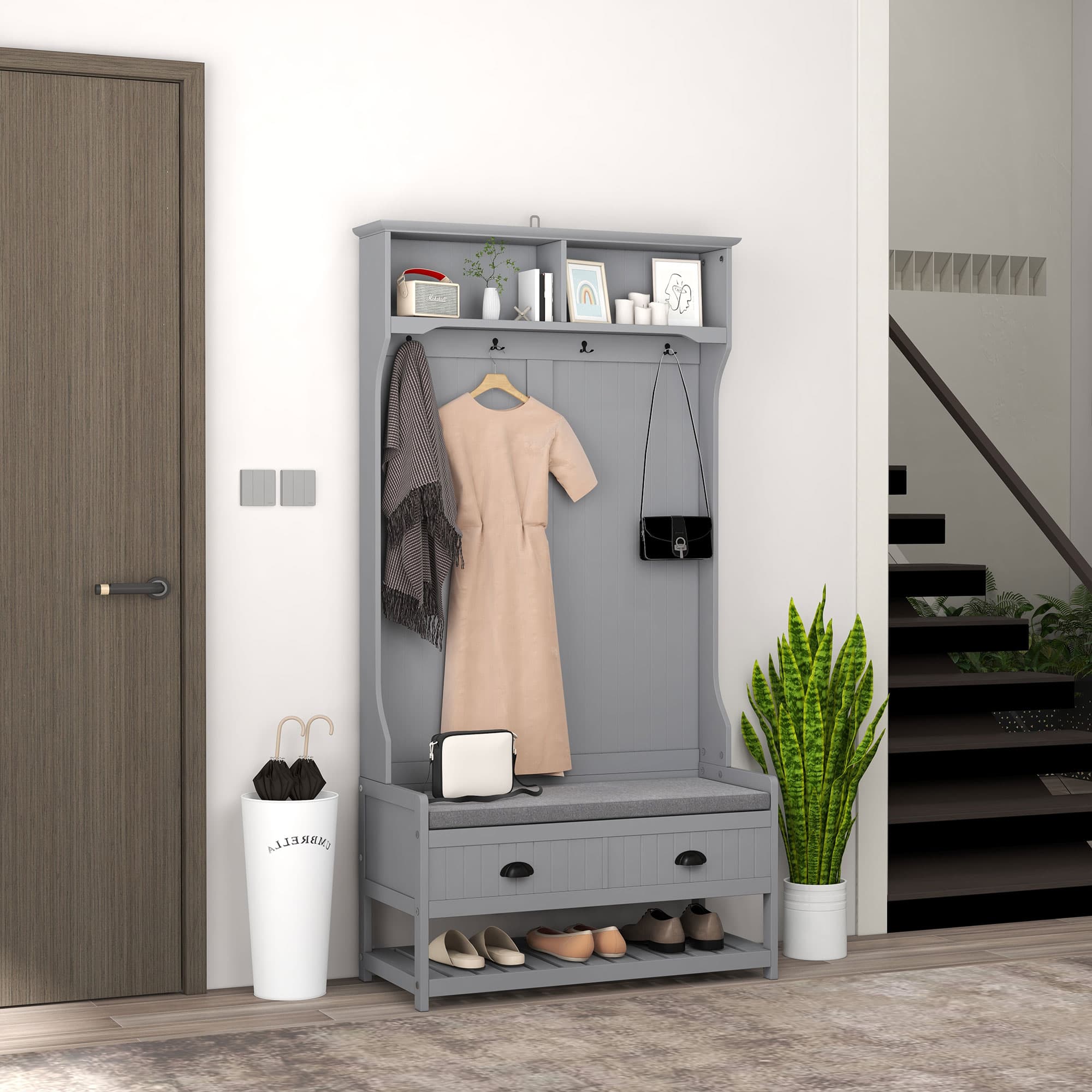 HOMCOM Clothing Storage, Coat Stand, Shoe Storage Bench Organizer with Coat Hanger, Drawers Padded Seat Cushion Grey | Aosom Canada