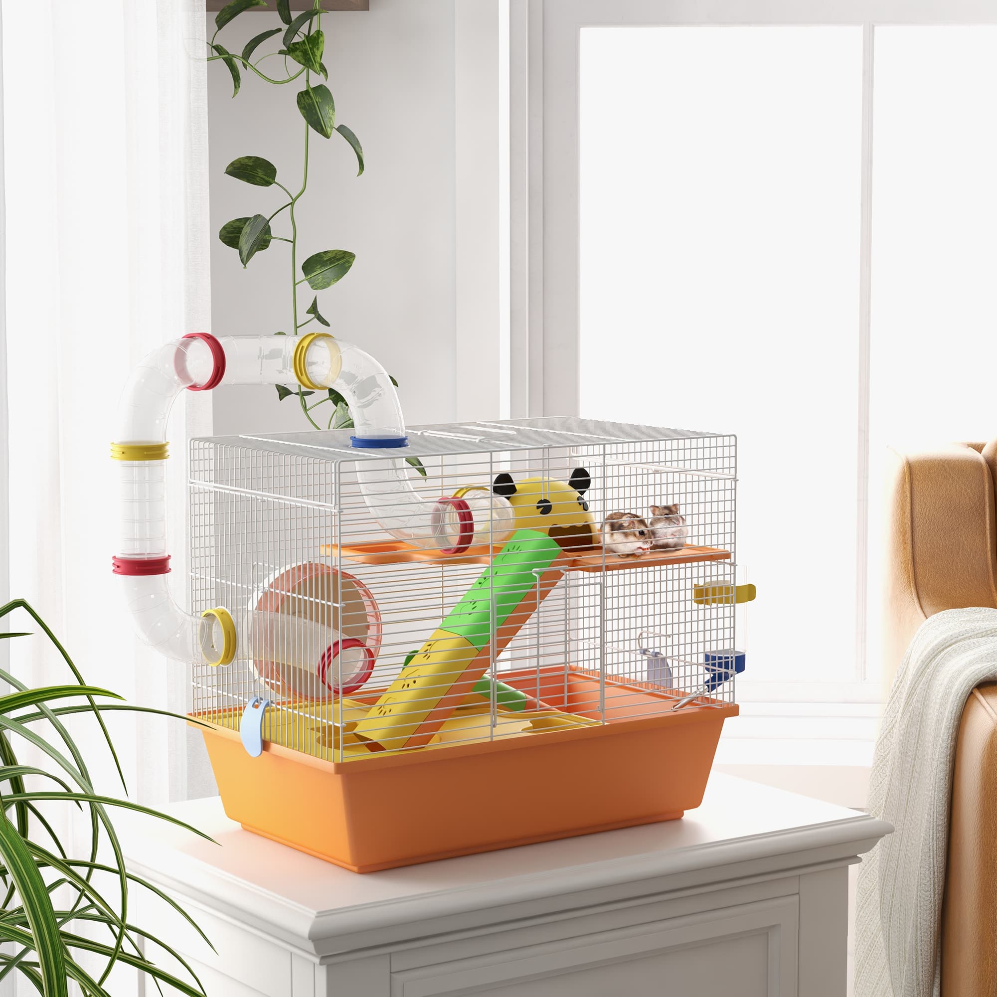 PawHut 3-Level Gerbil & Dwarf Hamster Cage with Tunnels, Water Bottle, Exercise Wheel, 18"x11"x15", Vibrant Orange | Aosom Canada