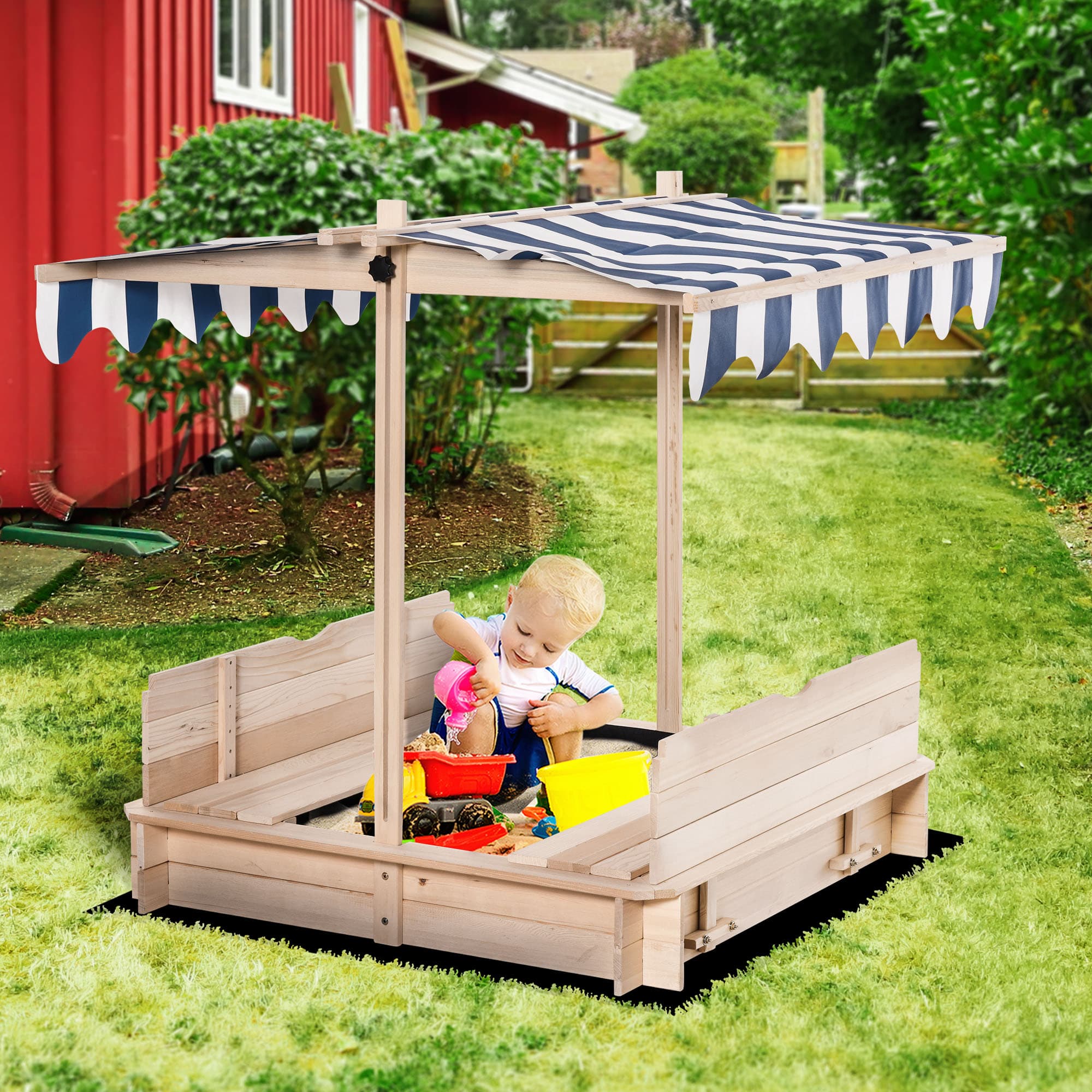 Outsunny Wooden Sandbox for Kids with Adjustable Canopy and Convertible Bench, Outdoor Playset - Sand | Aosom Canada