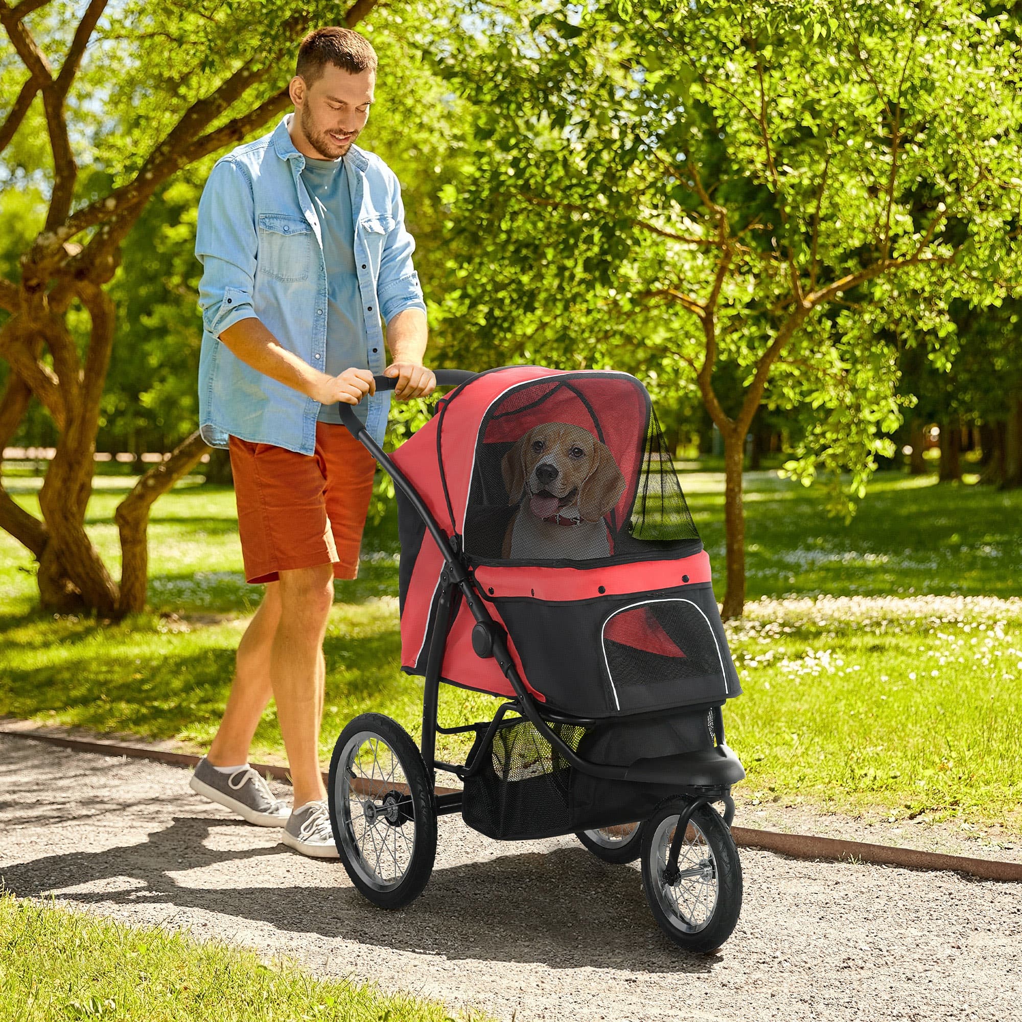 PawHut 3 Big Wheels Pet Stroller Red Adjustable Canopy Travel Folding Carrier for Small Medium Dogs Cats | Aosom Canada