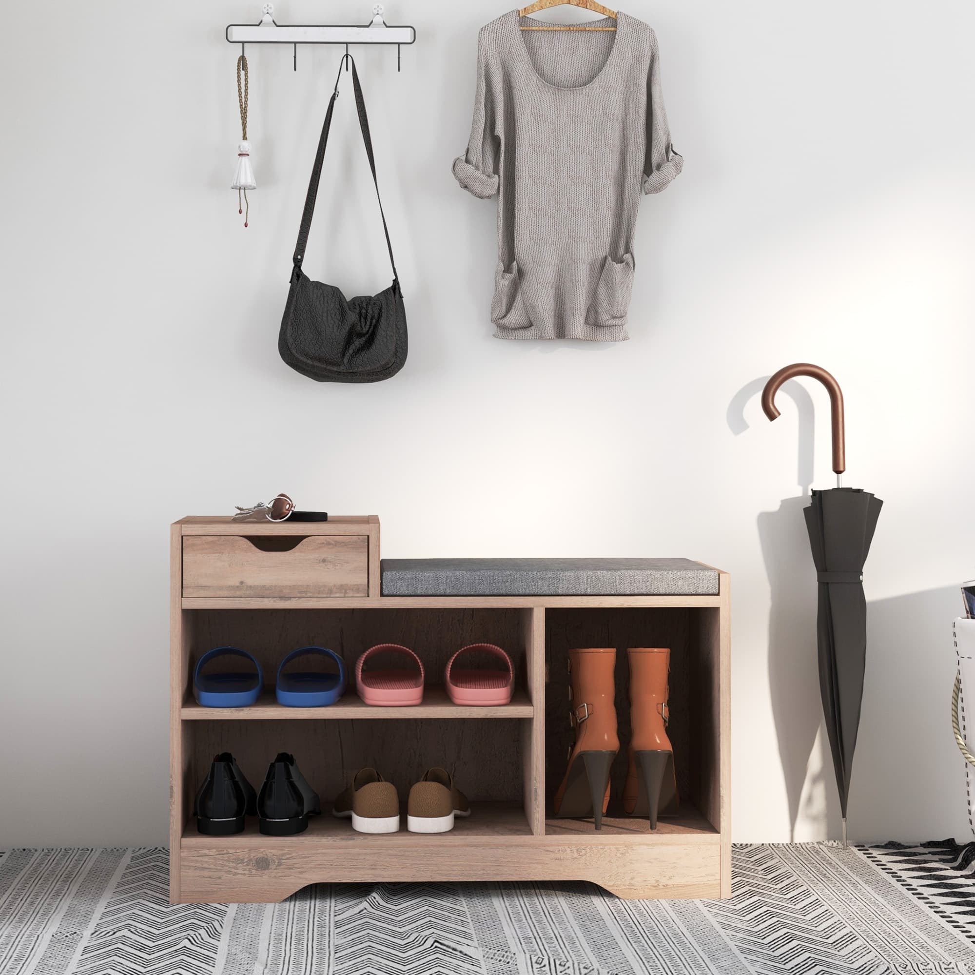 HOMCOM Upholstered Shoe Storage Bench, Hallway Shoe Storage with Seat, Drawer, 3 Open Shelves for Entryway, Grey | Aosom Canada