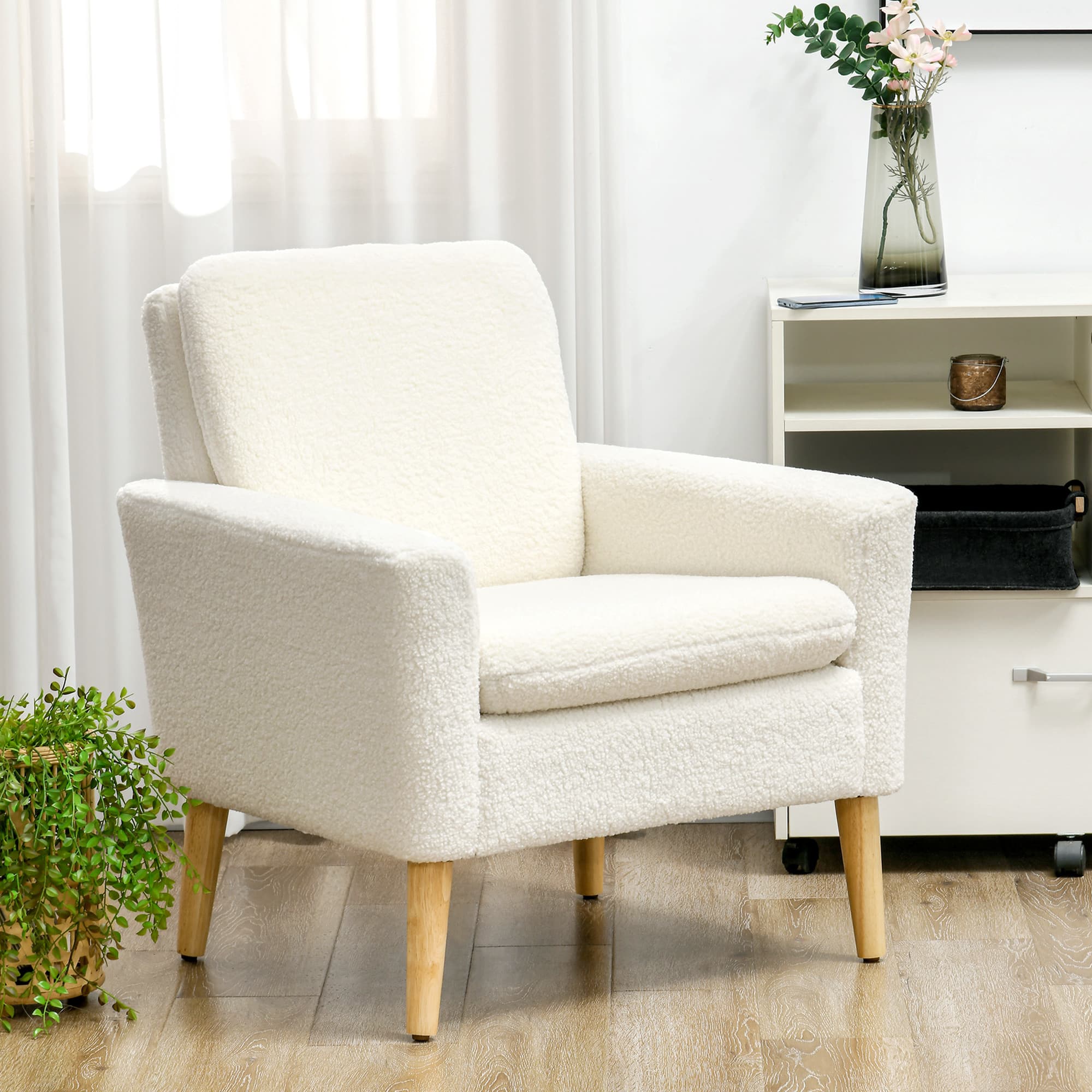 HOMCOM Fabric Accent Chair, Modern Upholstered Armchair with Wood Legs and Wide Padded Seat, Cream White | Aosom Canada