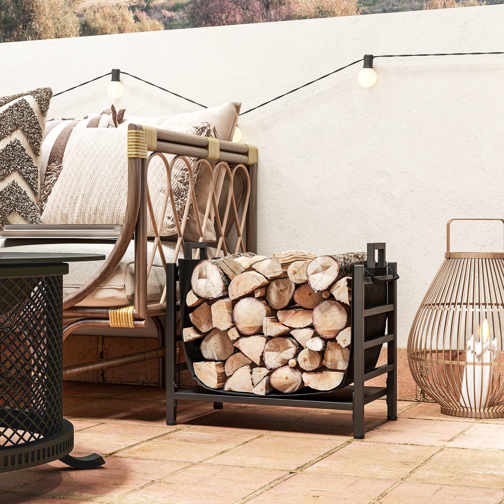 Outsunny Outdoor Firewood Rack with Log Carrier, Heavy Duty Steel Wood Log Storage Stacker for Fireplace, Black | Aosom Canada