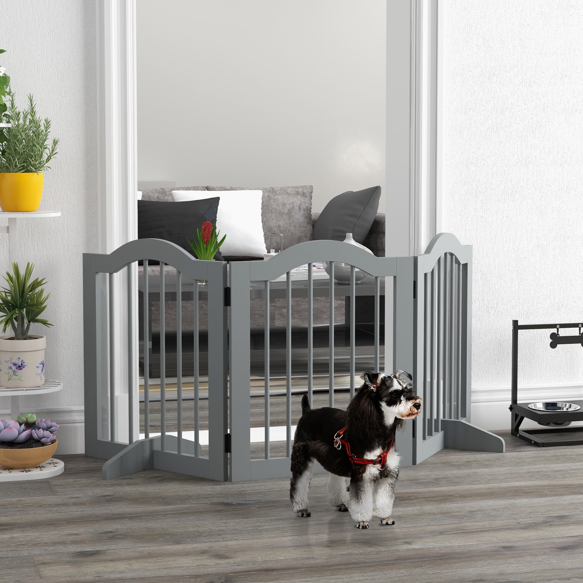 PawHut 24" Freestanding Pet Gate For Dogs with 2 Support Feet Light Grey Portable Barrier for Small Pets | Aosom Canada