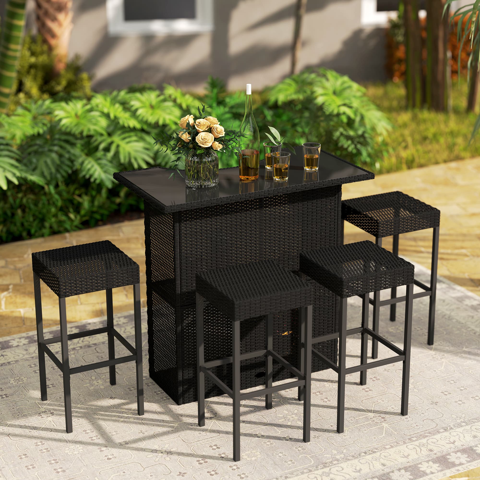Outsunny 5 Pieces Patio Bar Set, Outdoor PE Rattan Wicker High Top Outdoor Table and Chairs with Glass Top Bar Table Black | Aosom Canada