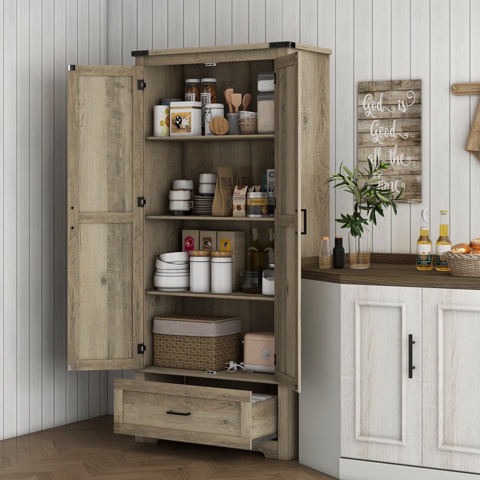 HOMCOM 69" Tall Farmhouse Kitchen Pantry Cabinet with 2 Doors, Drawer and Adjustable Shelves for Dining Room, Grey | Aosom Canada