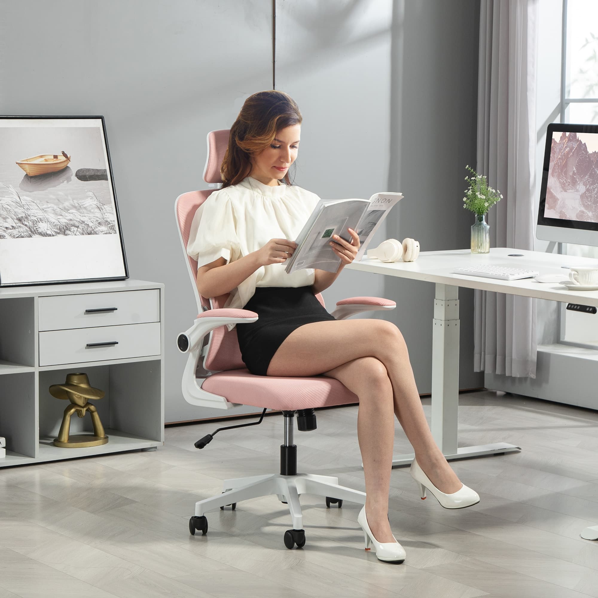 Vinsetto High Back Office Chair, Mesh Computer Desk Chair with Rotatable Headrest, Lumbar Back Support, Adjustable Height, Pink | Aosom Canada