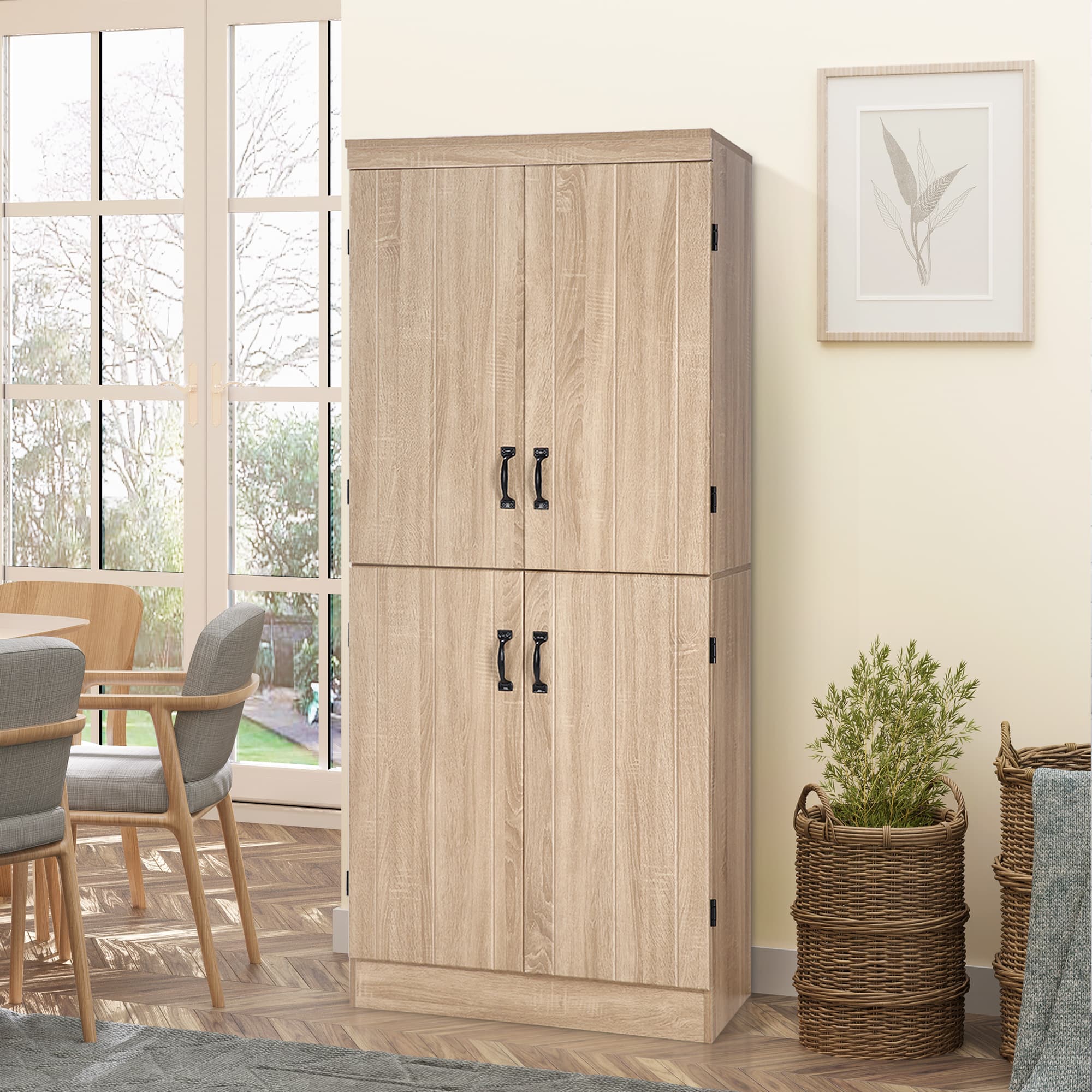 HOMCOM Natural 70" 4-Door Kitchen Pantry: Freestanding 6-Tier Storage Cabinet with Adjustable Shelves for Living Room | Aosom Canada