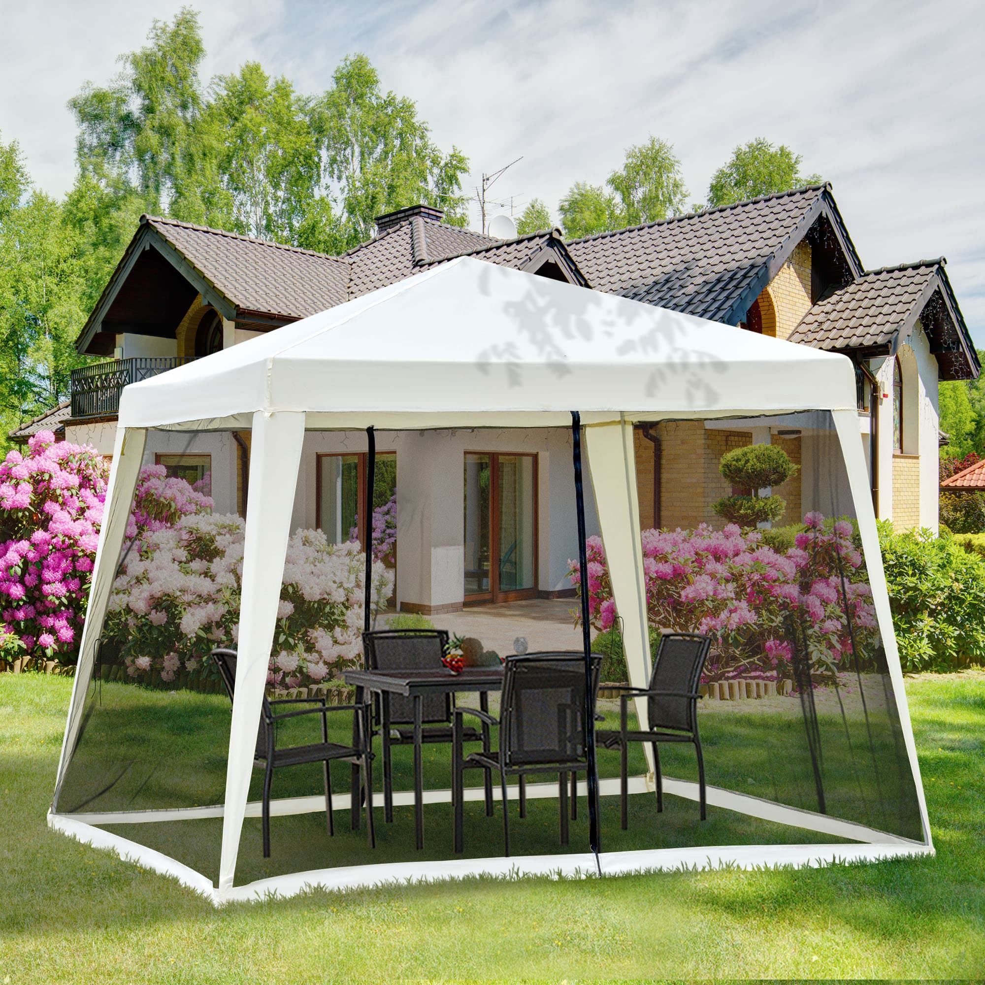Outsunny 10x10ft Beige Party Tent with Netting - Outdoor Patio Canopy Gazebo for Sun Shade and Garden Shelter | Aosom Canada