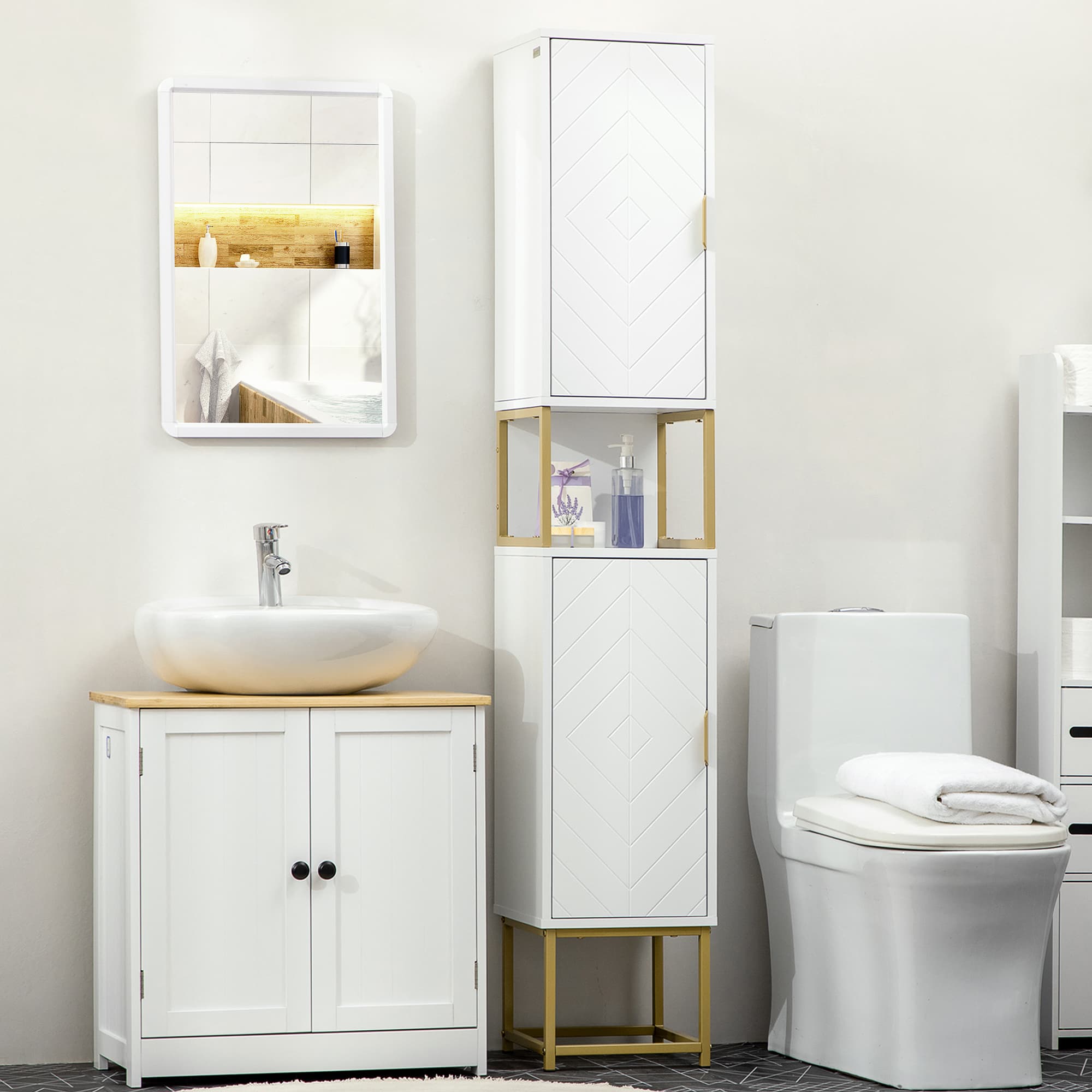 kleankin Narrow Bathroom Linen Cabinet: Adjustable Shelf, 2 Doors & Steel Base in White Compact & Functional | Aosom Canada