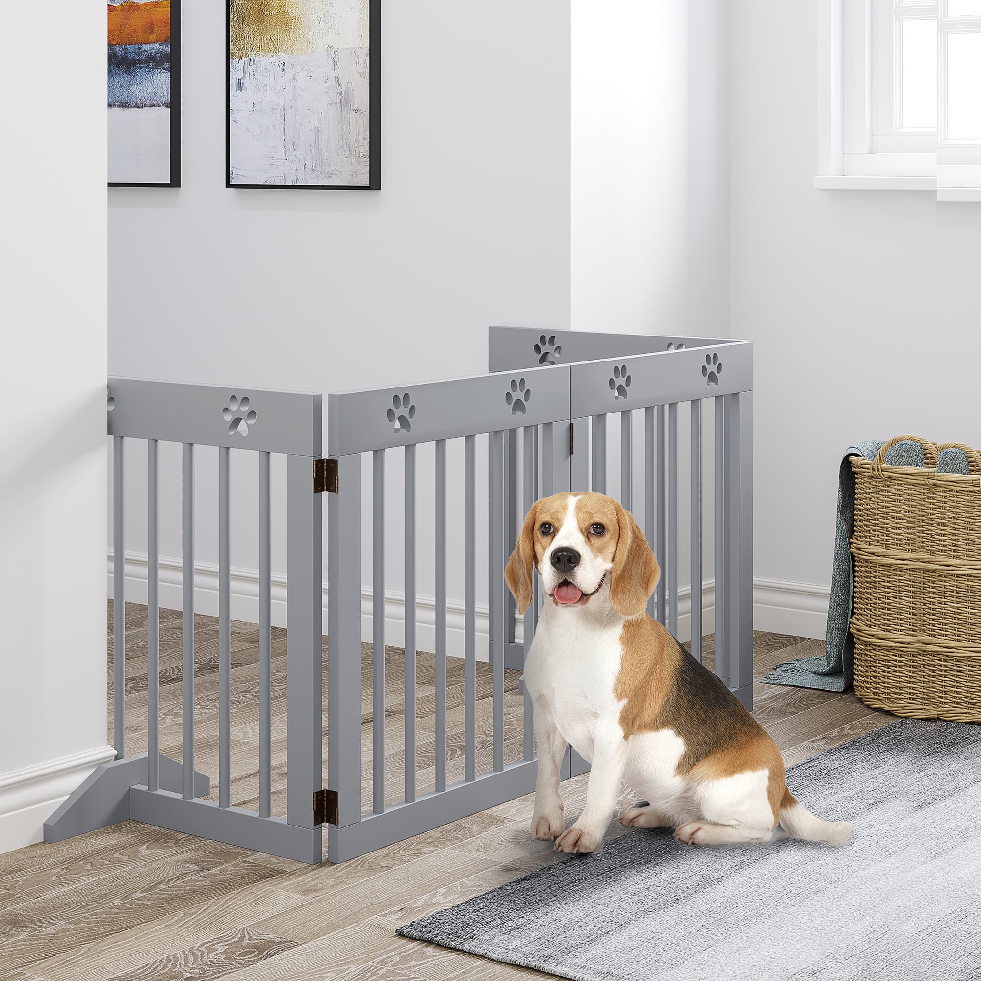 PawHut Freestanding Pet Gate 4 Panel Wooden Dog Cat Barrier Folding Safety Fence Doorway Stairs Support Light Grey | Aosom Canada