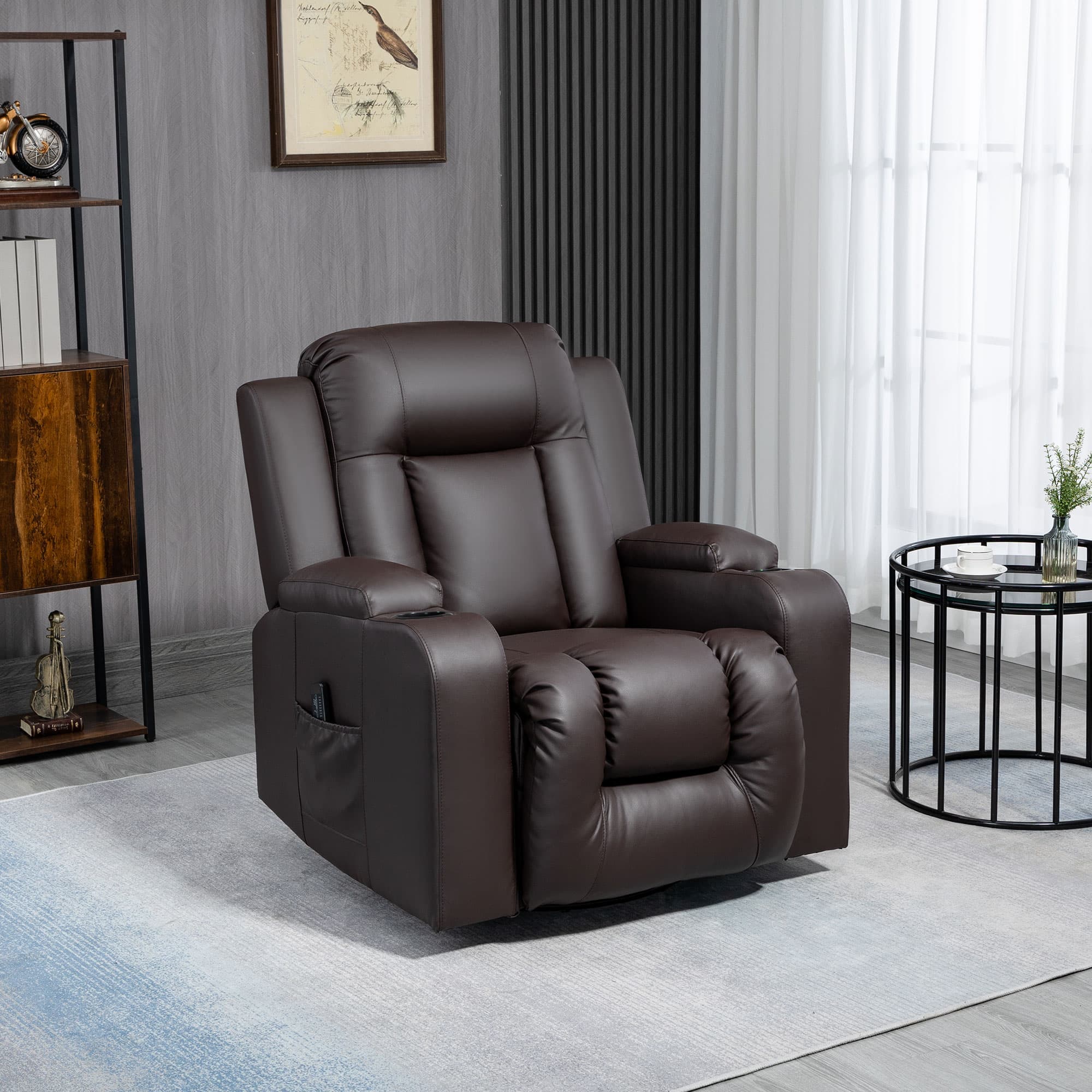 HOMCOM Real Relax Massage Chair, Swivel Leather Recliner with Cup Holders and Side Pockets, Overstuffed PU Leather Sofa Rocking Chair| Aosom Canada