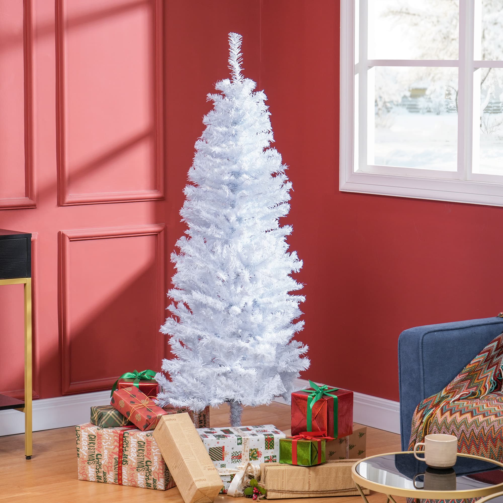 HOMCOM 5FT Pencil Christmas Tree, Artificial Christmas Tree with Automatic Open for Home Party, White | Aosom Canada