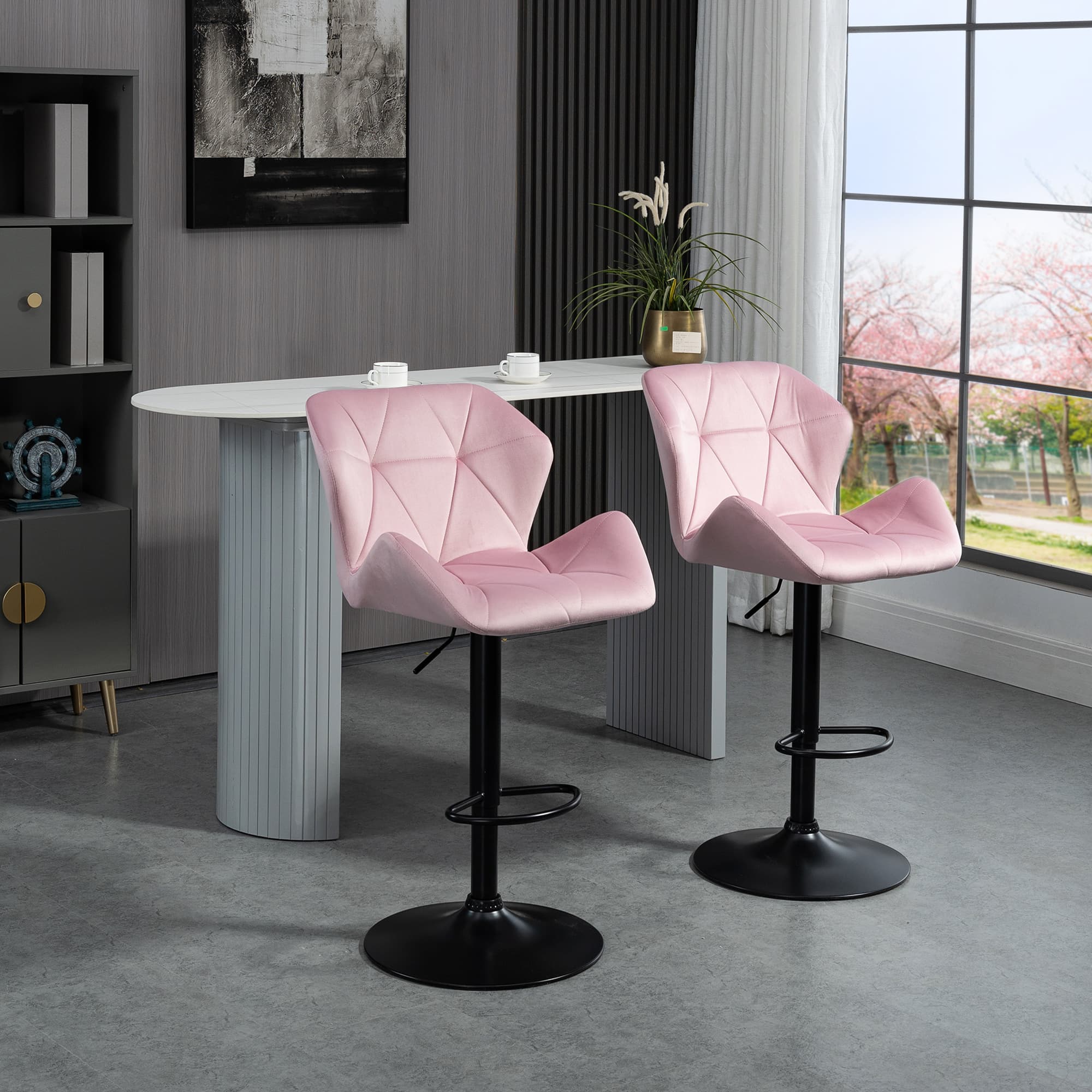 HOMCOM Set of 2 Adjustable Bar Stools Velvet-Touch Fabric Swivel Seat Armless Counter Height Chairs Pink | Aosom Canada