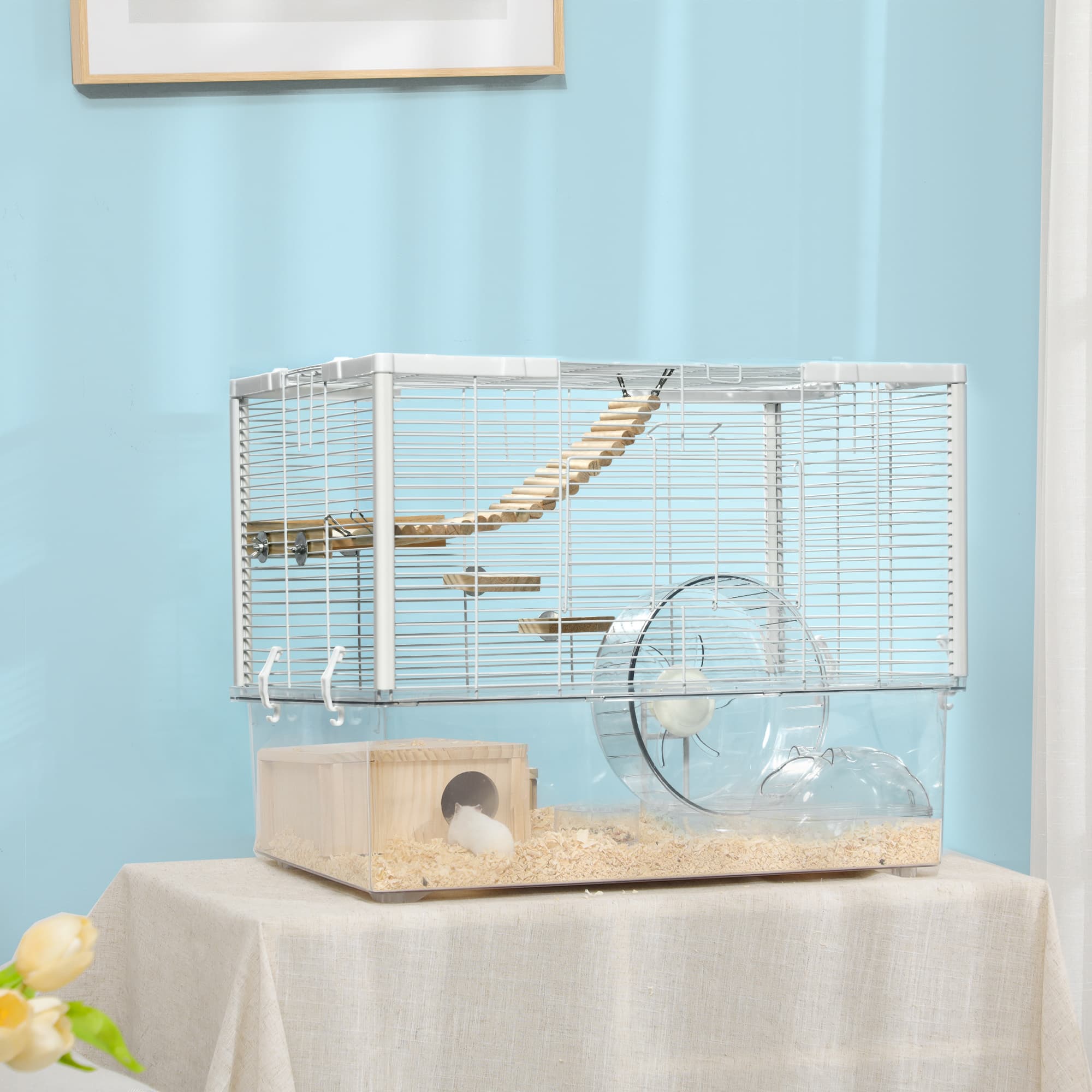 PawHut Hamster Cage with Deep Bottom, Wooden Ramp, Hut, Bathroom and Exercise Wheel for Hamster and Gerbil, White | Aosom Canada