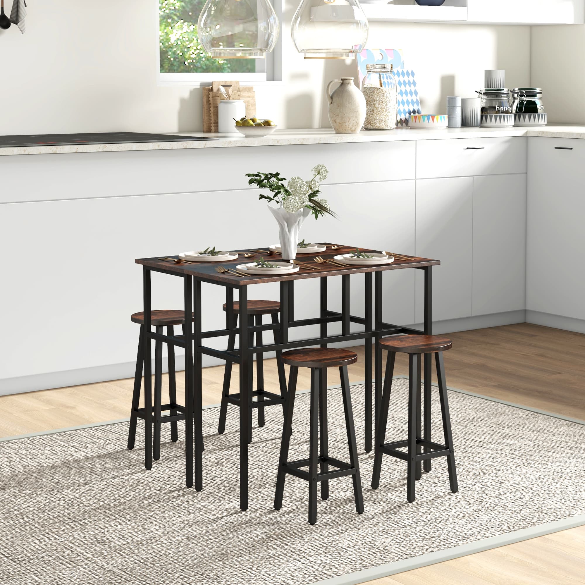 HOMCOM Bar Table Set of 6 Bar Table 4 Stools Living Dining Room Rustic Brown Furniture for Home Pub | Aosom Canada