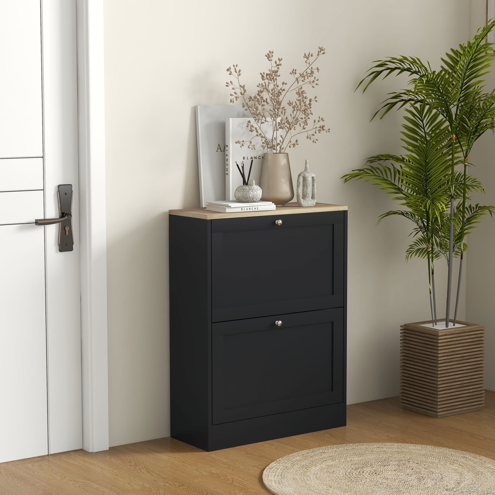 HOMCOM Slim Shoe Storage Cabinet, Modern Shoe Cabinet with 2 Flip Drawers and Adjustable Shelves for 12 Pairs, Black | Aosom Canada