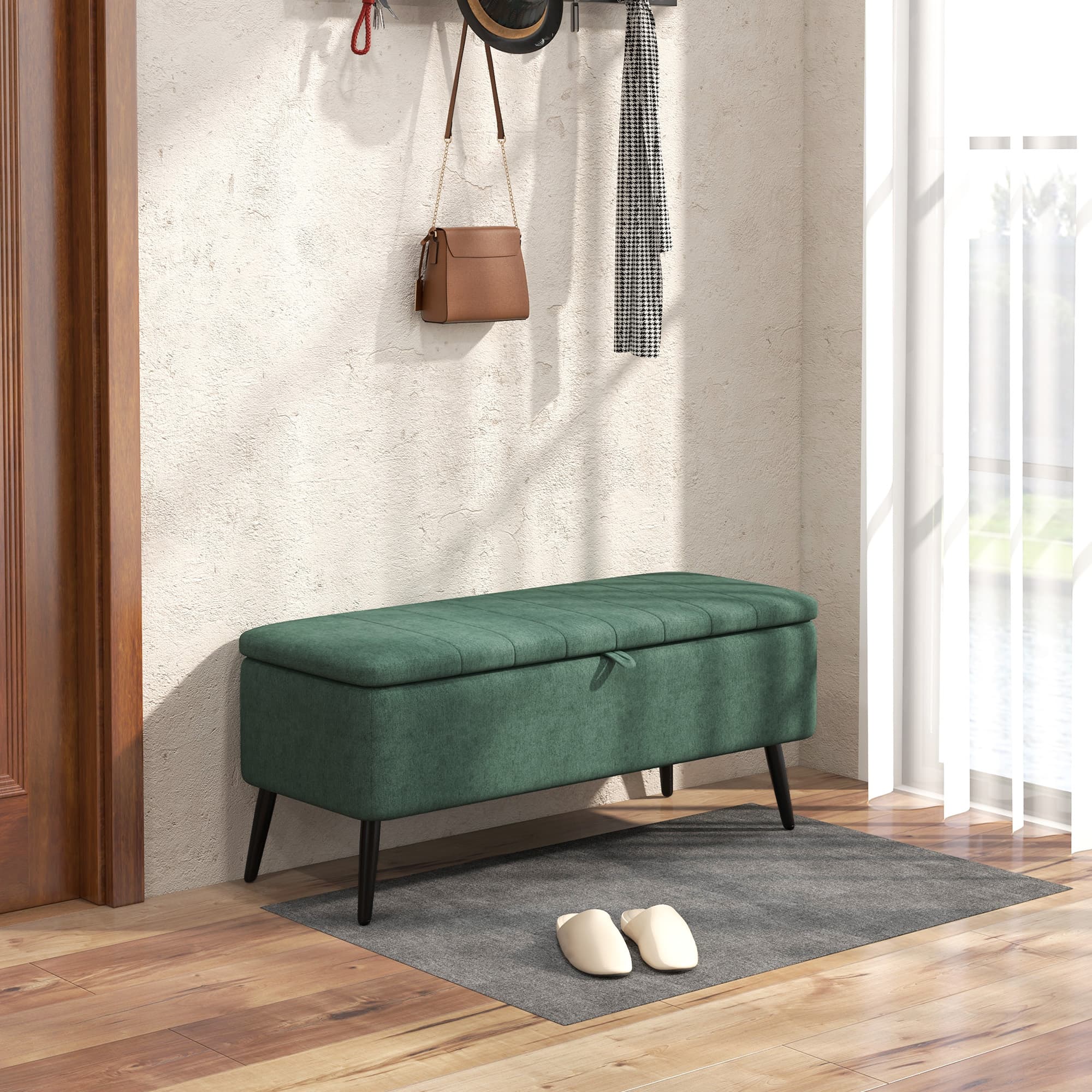 HOMCOM 40" Ottoman with Storage, Linen Upholstered Storage Ottoman Bench with Steel Legs for Living Room, Bedroom Dark Green | Aosom Canada