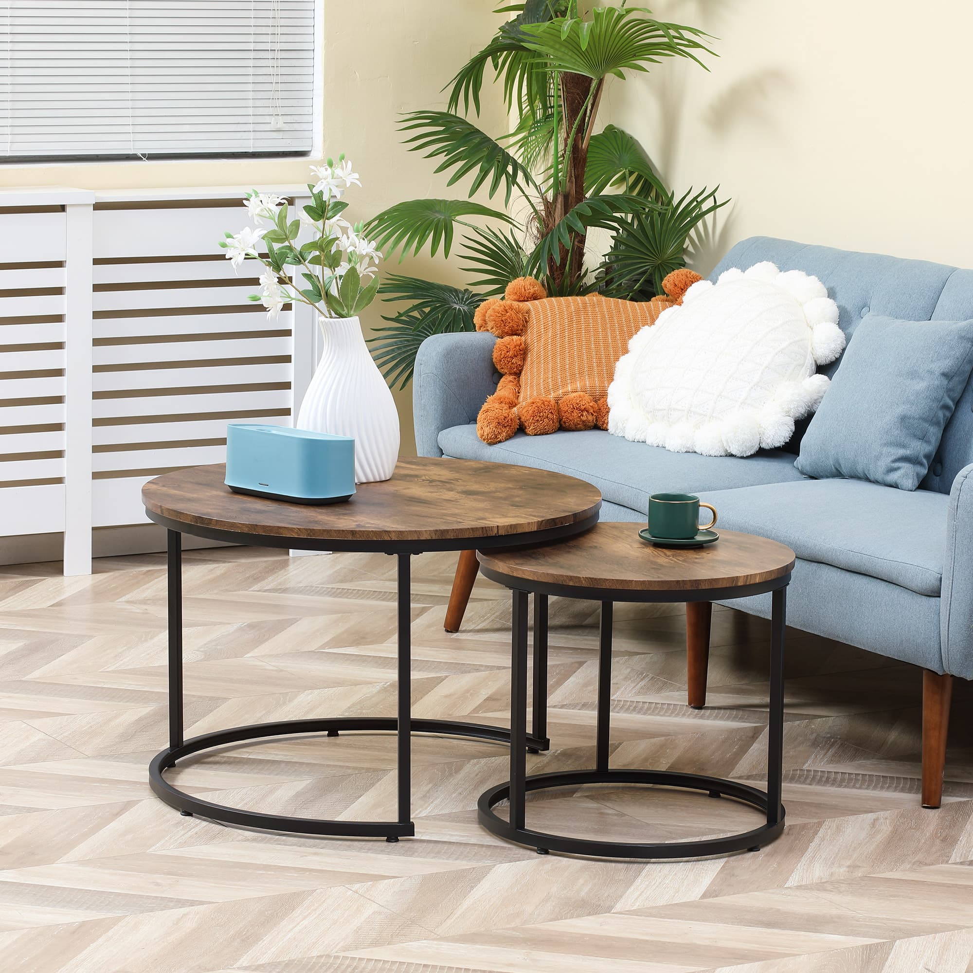 Homcom Rustic Nesting Coffee Tables: Round Set of 2 with Stacking Metal Frame for Cozy Living Room | Aosom Canada
