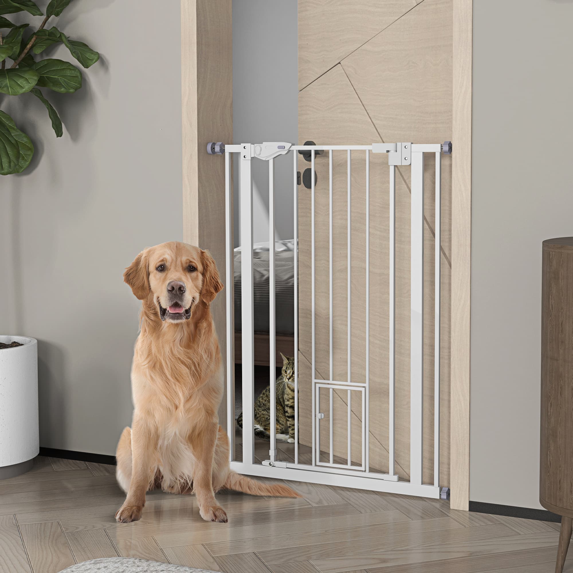 PawHut Extra Tall Pet Gate: 29"-31.5" White Barrier at 41" Height with Small Door, Auto-Close & Double Locking | Aosom Canada