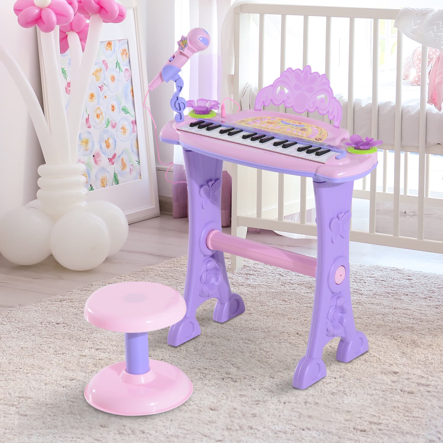 Qaba Kids Piano: 32-Key Electronic Keyboard Instrument with Microphone, Stool, Educational Musical Toy - Pink | Aosom Canada