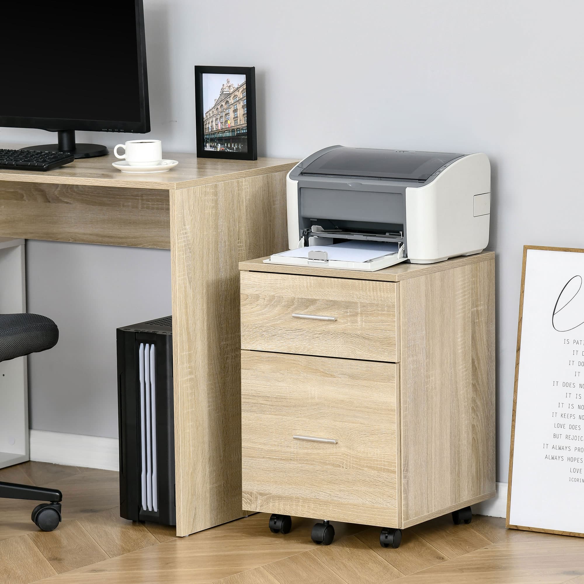 Vinsetto Rolling File Chest: 2 Drawers on Wheels for Legal/Letter Documents in Natural Wood-Tone Home Office | Aosom Canada