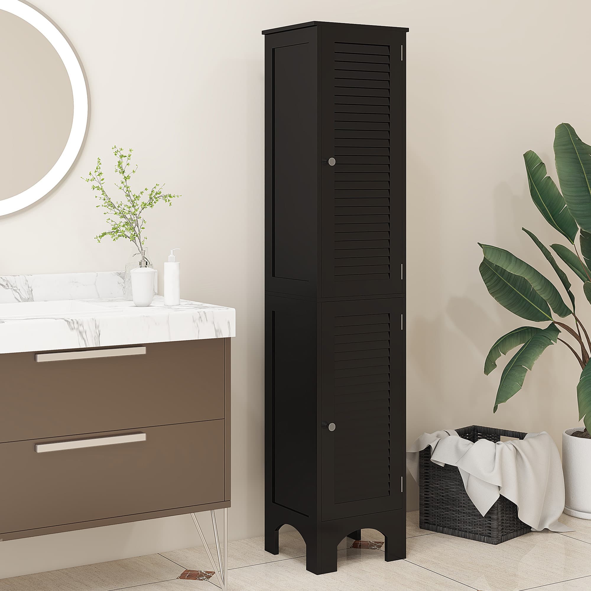 HOMCOM Narrow Tall Bathroom Storage Cabinet Shelves Doors Black | Aosom Canada