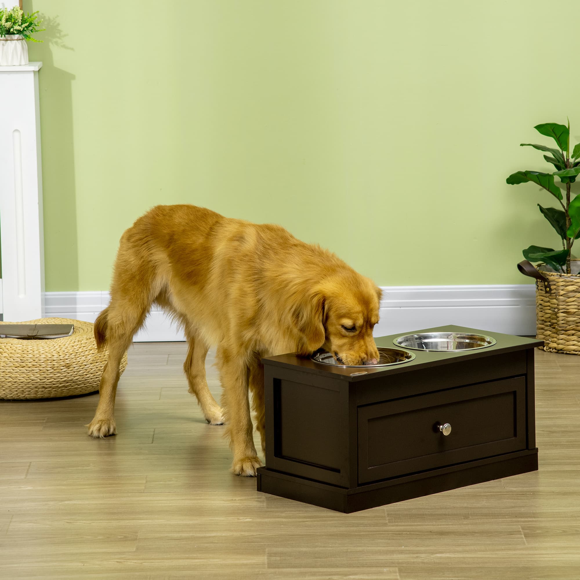 PawHut Elevated Dog Feeder with Storage Drawer 23.6" x 11.8" x 12.2" Stainless Steel Bowls Coffee Large Dogs | Aosom Canada