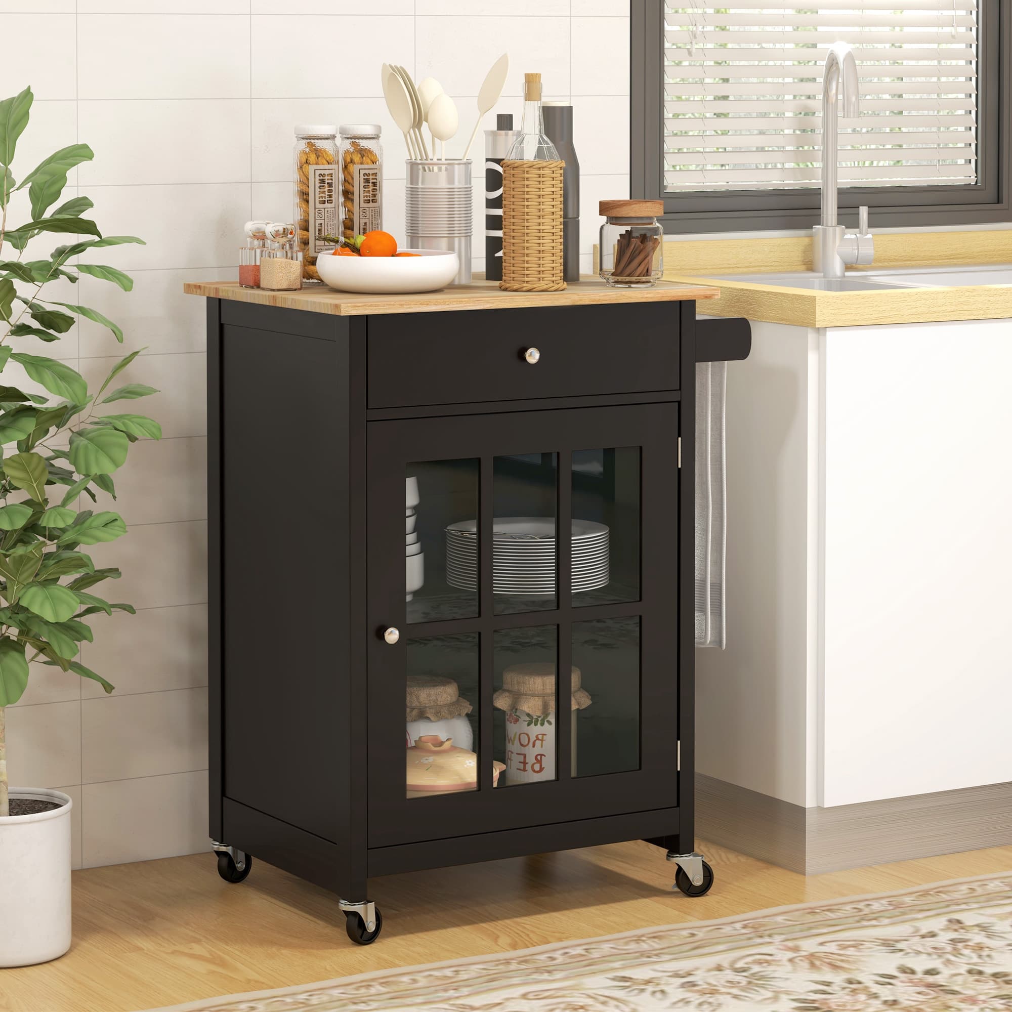 HOMCOM Kitchen Mobility: 26.4"x18.9"x34.1" Rolling Island with Drawer, Adjustable Shelf, Towel Rack, Black Finish | Aosom Canada