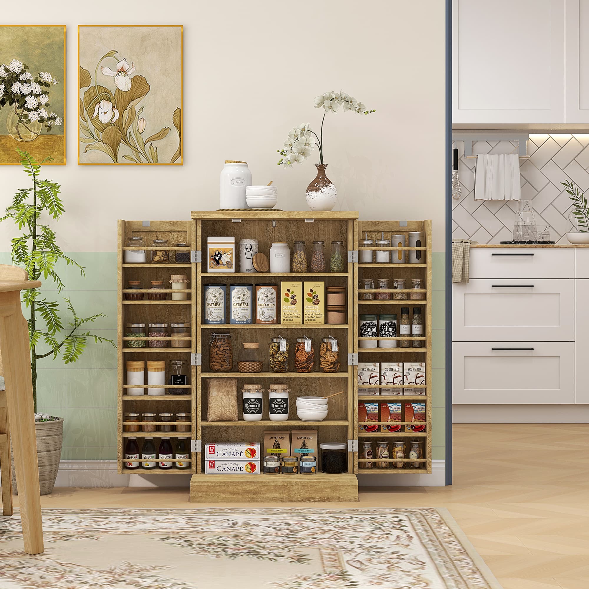 HOMCOM Natural 41" Rattan Kitchen Pantry: 5-Tier Storage Cabinet with 12 Racks and Adjustable Shelves | Aosom Canada