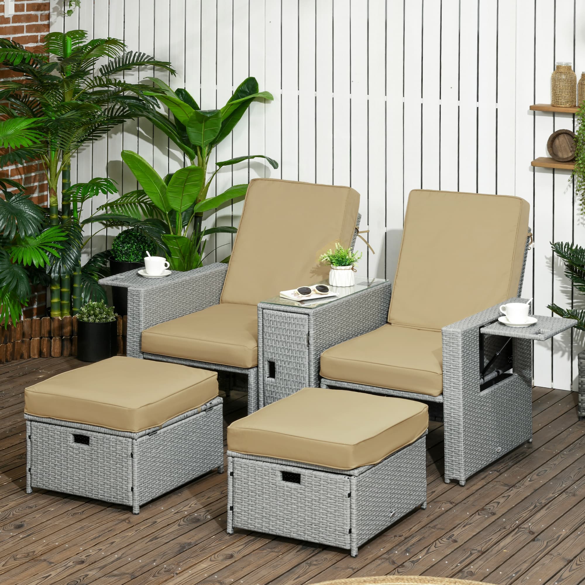 Outsunny 5PC Wicker Patio Lounger Set PE Rattan Adjustable Recliner Sofa Bed Storage Side Table Footstools | Aosom Canada