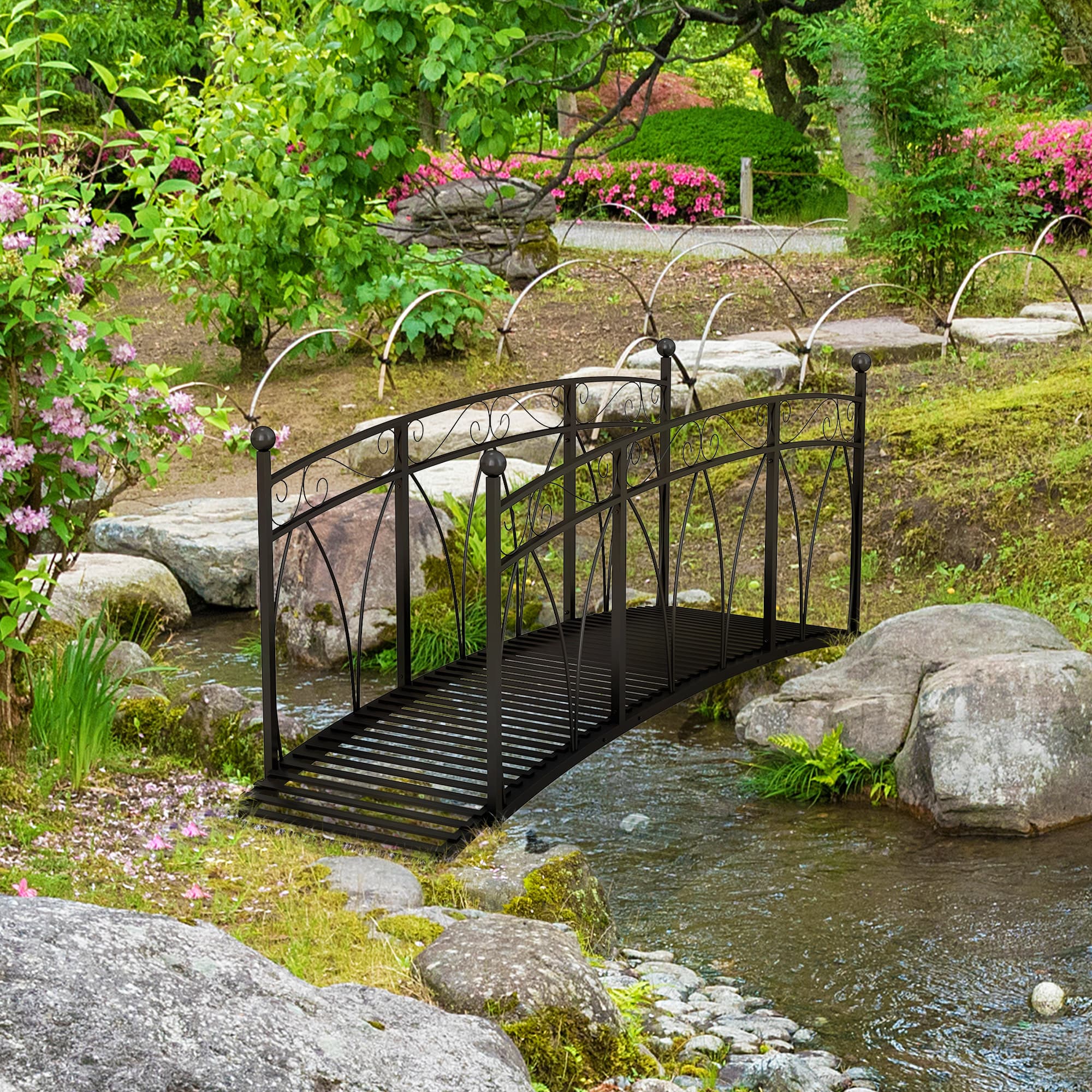 Outsunny 8' Metal Arch Garden Bridge Arc Footbridge with Guardrails and Decorative Scrollwork, Black | Aosom Canada