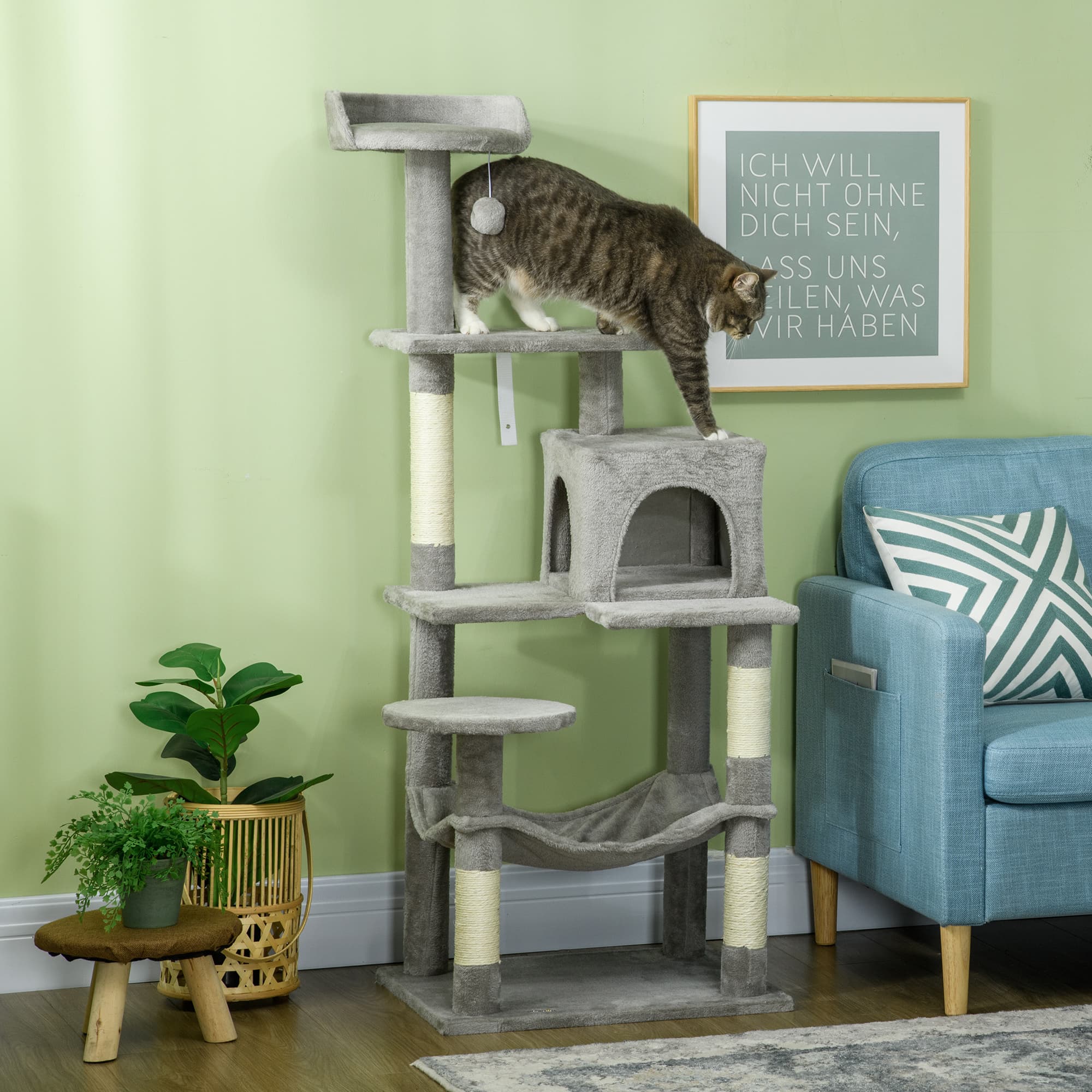 PawHut 57" Tall Kitty Tree Oasis: Multi-Level with Hammock, Condo, Sisal Scratching Posts for Indoor Felines in Grey Shade | Aosom Canada