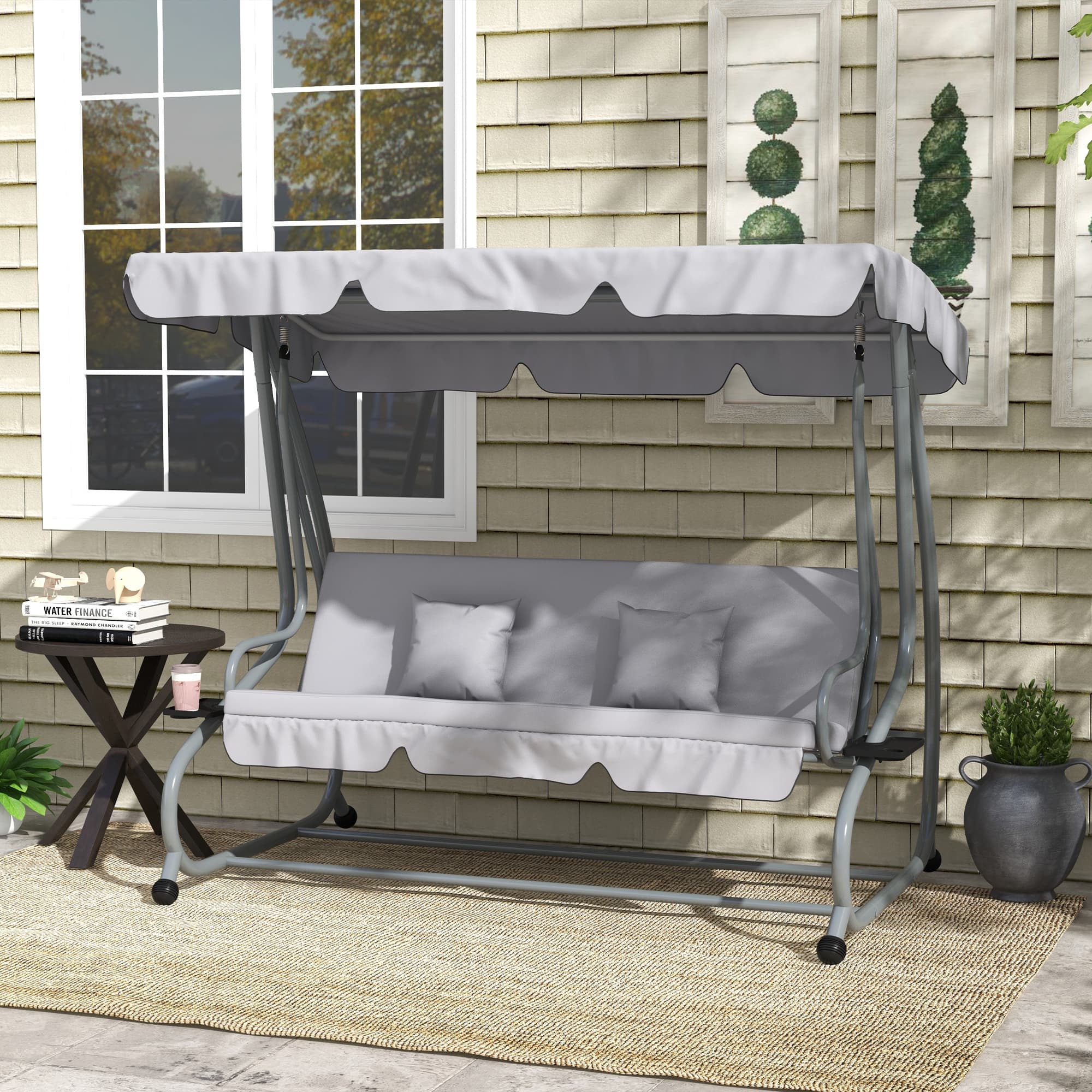 Outsunny Outdoor 3-Seater Patio Swing Chair, Outdoor Swing Seat, with Adjustable Canopy and Two Pillows for Garden, Light Grey | Aosom Canada