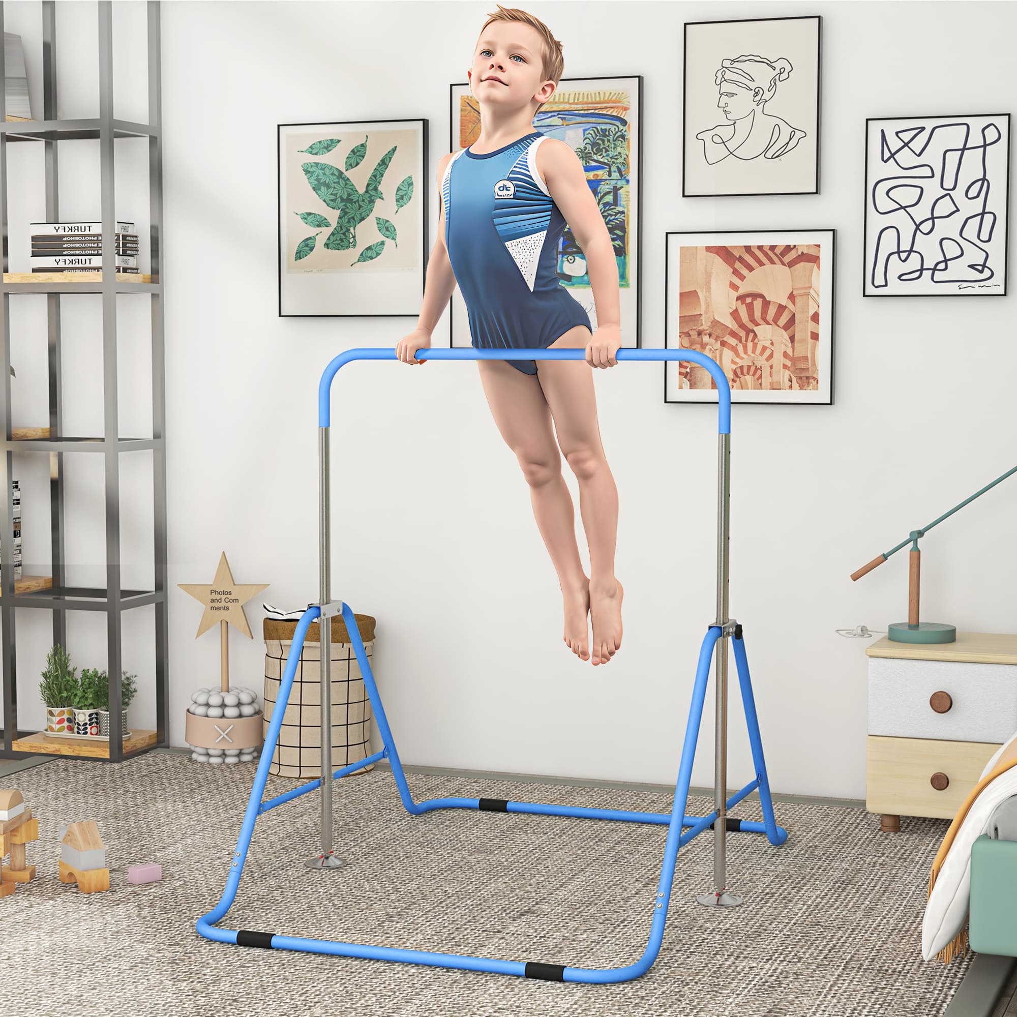 Qaba Foldable Gymnastics Bar for Kids, Expandable Gymnastics Equipment with Adjustable Height for Boys Girls, Blue | Aosom Canada