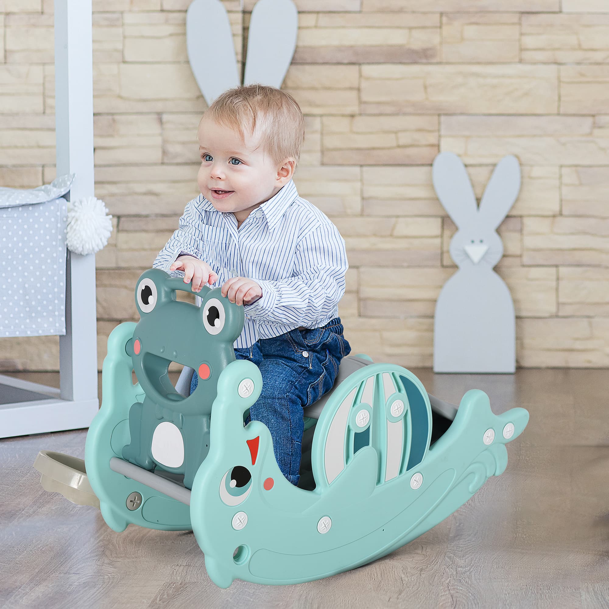 Qaba 3-in-1 Kids Slide Rocking Horse Activity Equipment Portable Green for Ages 3-5 | Aosom Canada