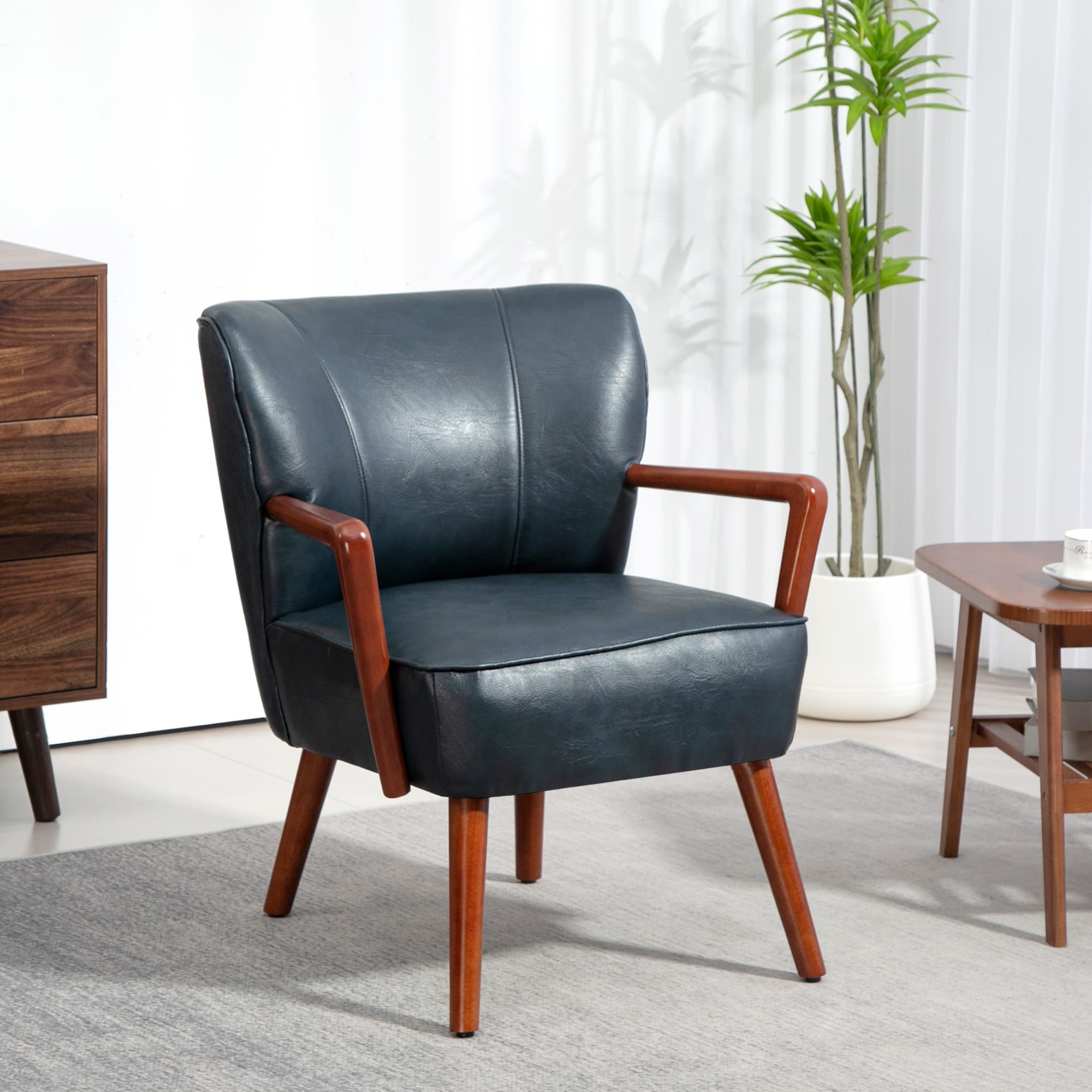 HOMCOM Accent Chair, Modern Armchair, Faux Leather Upholstered Living Room Chair with Wood Legs and Wide Padded Seat, Blue | Aosom Canada