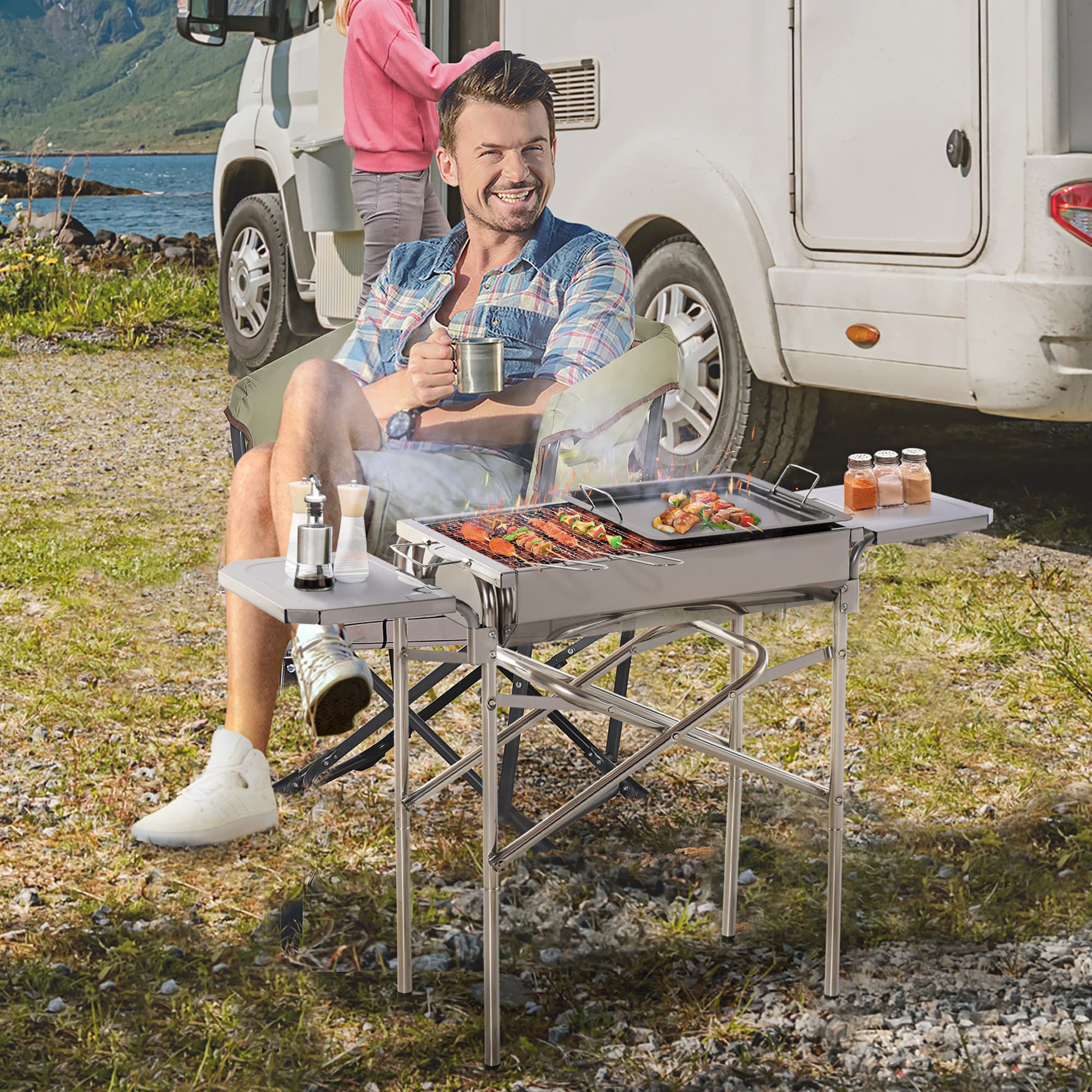 Outsunny Portable BBQ Grill Outdoor Charcoal Kebab Barbecue Stainless Steel Smoker for Camping Cooking Silver | Aosom Canada