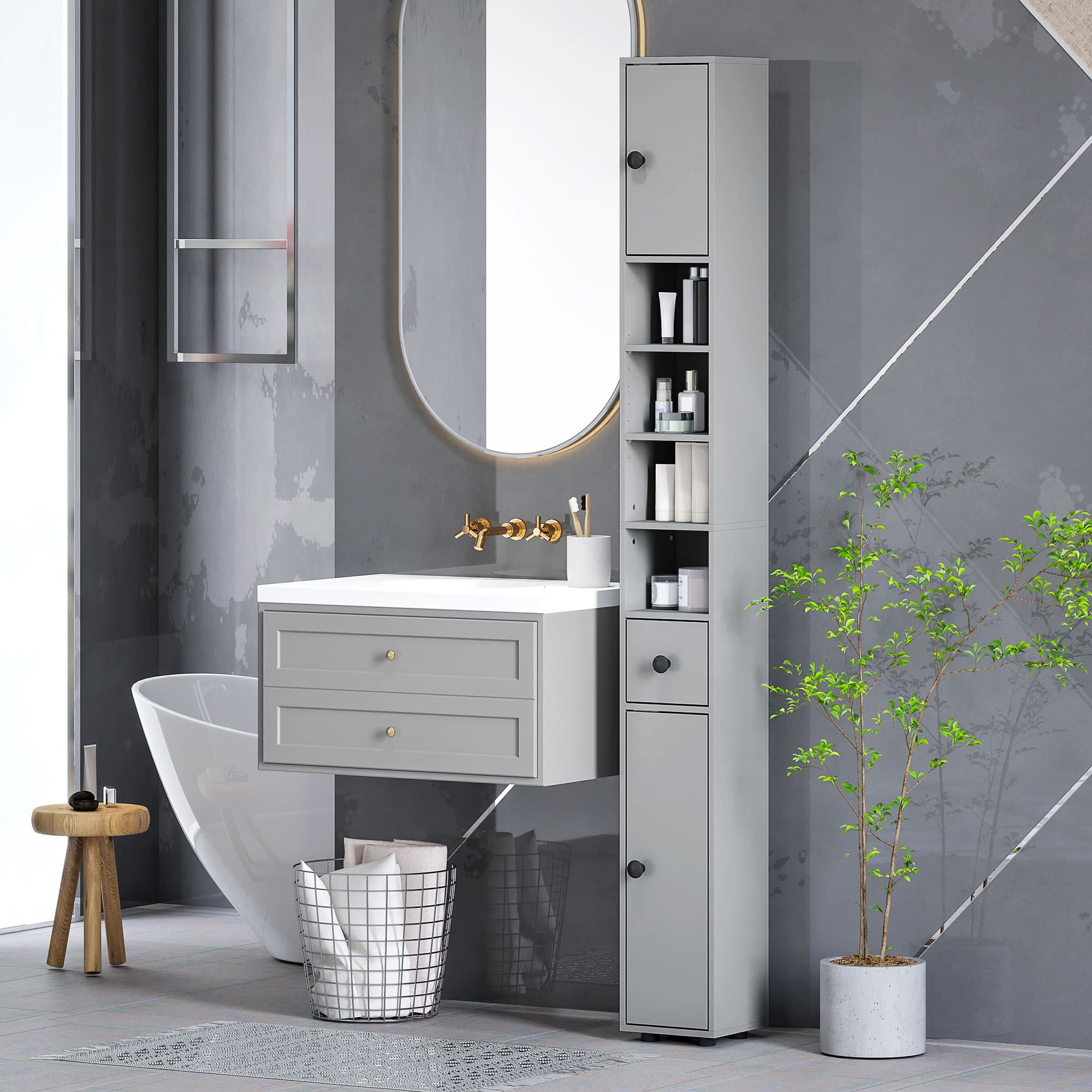 kleankin 71" Tall Bathroom Cabinet, Narrow Toilet Paper Cabinet with Open Shelves, 2 Door Cabinets, Adjustable Shelves, Grey | Aosom Canada