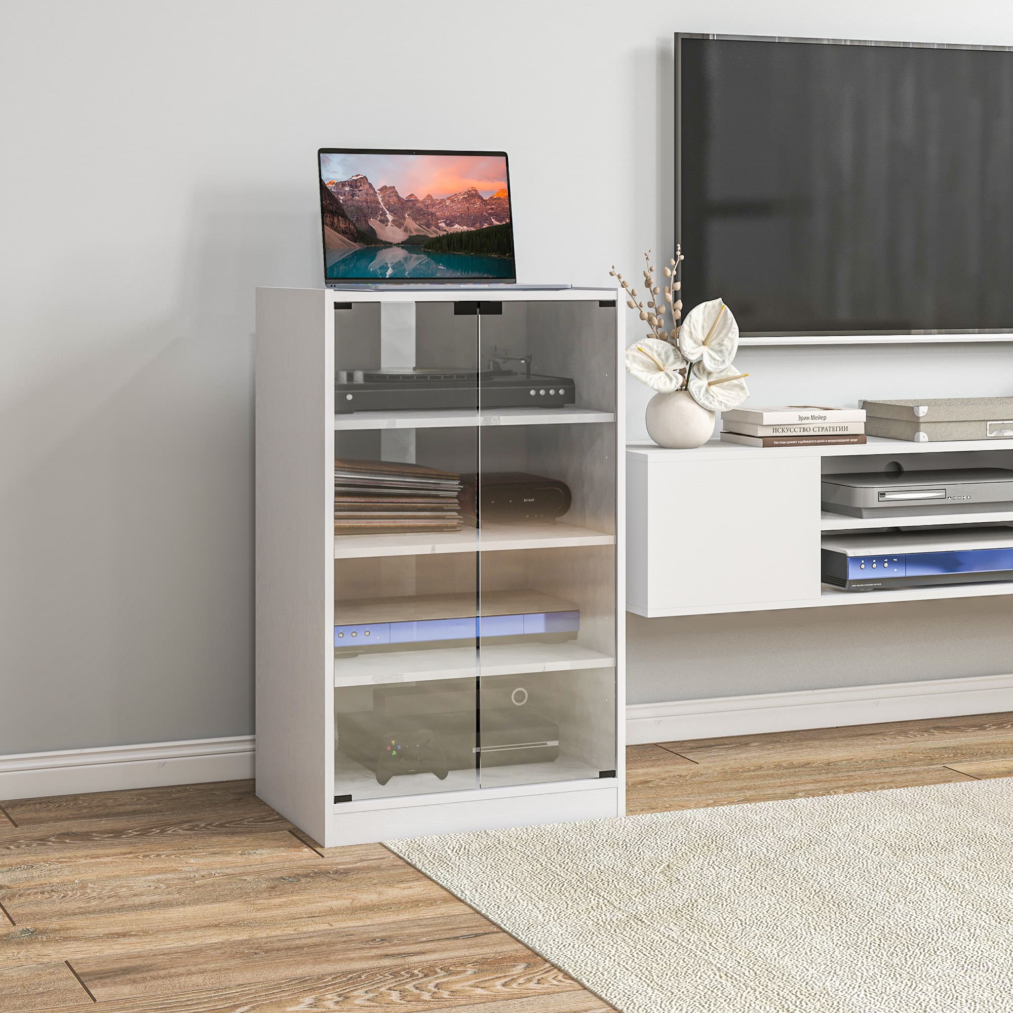 HOMCOM Distressed White Media Stand: 5-Tier with Adjustable Shelves, Tempered Glass & Cable Management | Aosom Canada