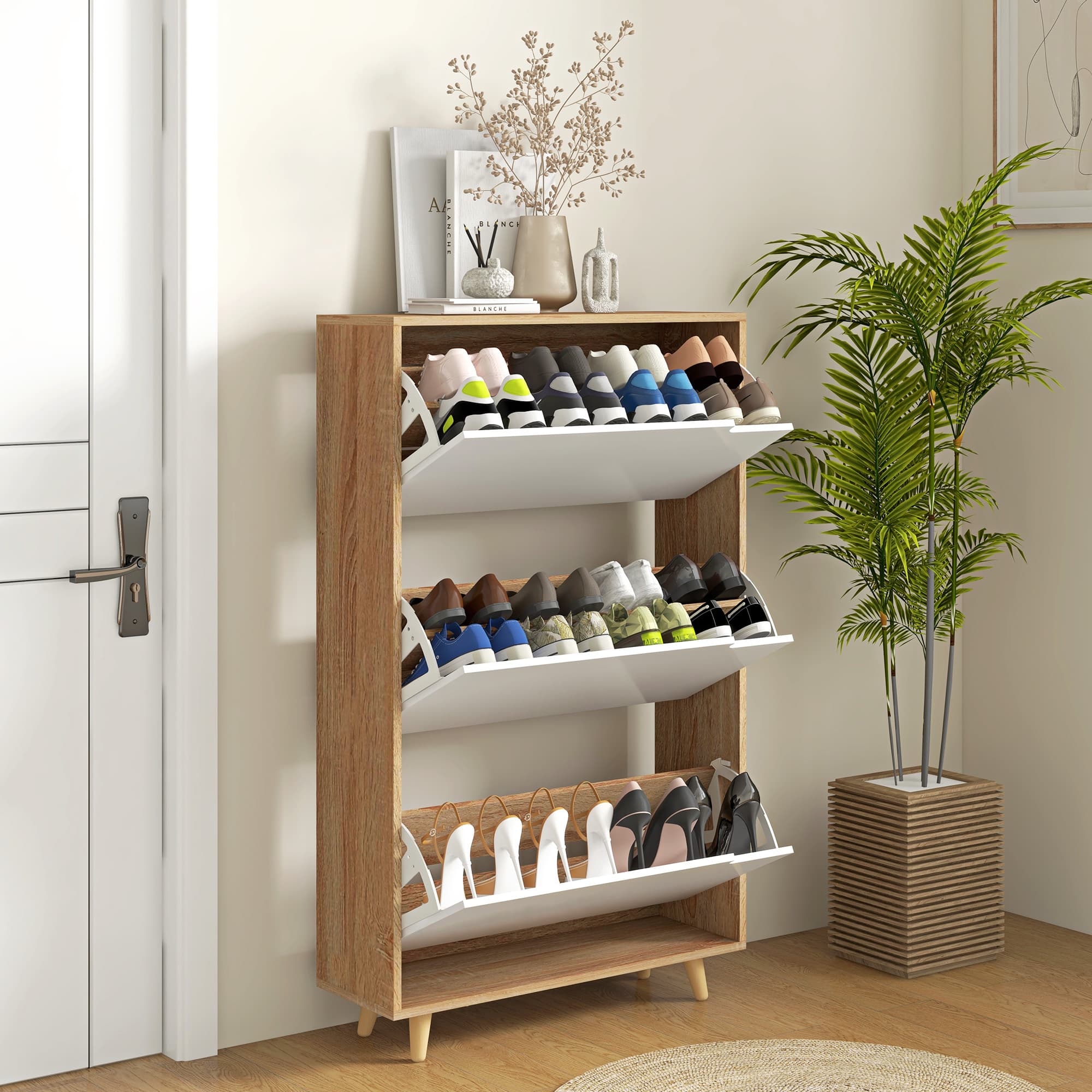 HOMCOM Slim Shoe Storage Cabinet with 3 Flip Drawers and Adjustable Shelves, Shoe Cabinet for 18-24 Pairs, White | Aosom Canada