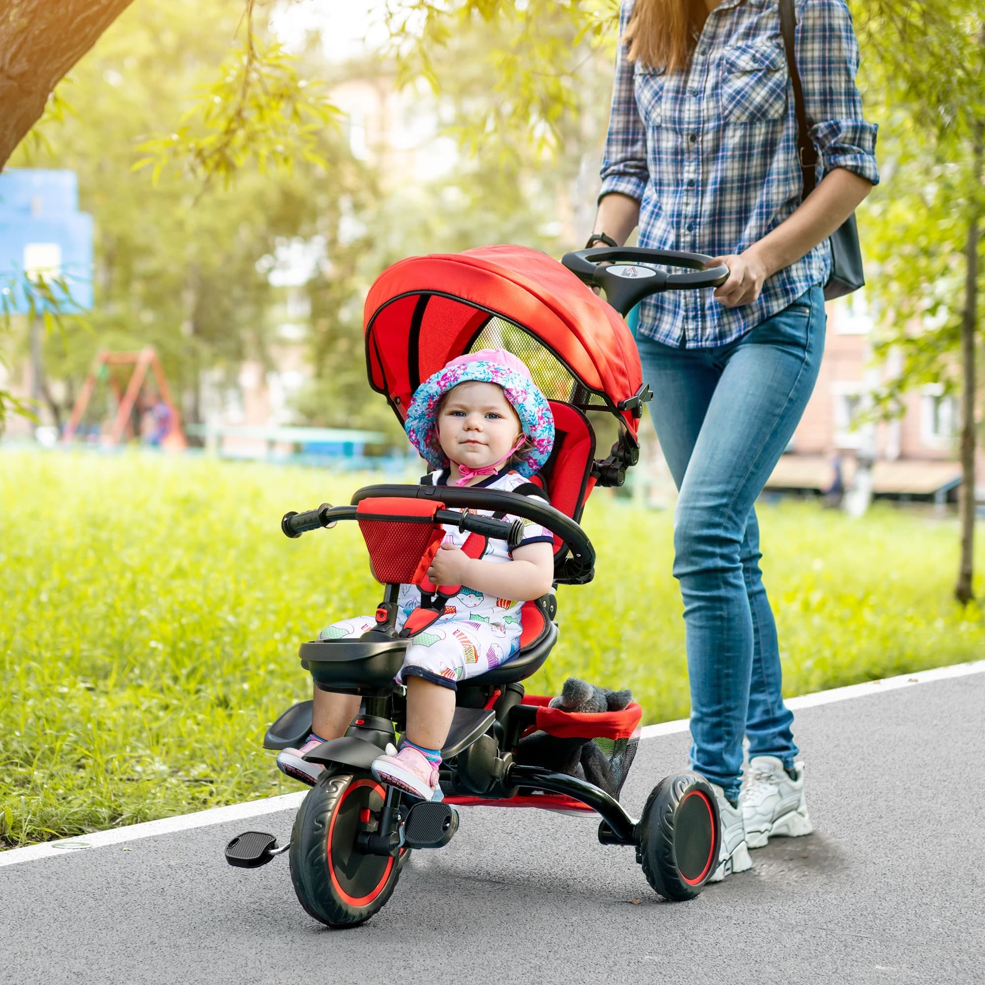 Aosom 6-in-1 Toddler Tricycle, Kids Trike with Rotatable Seat, Adjustable Push Handle, Safety Harness, Detachable Canopy, Red | Aosom Canada