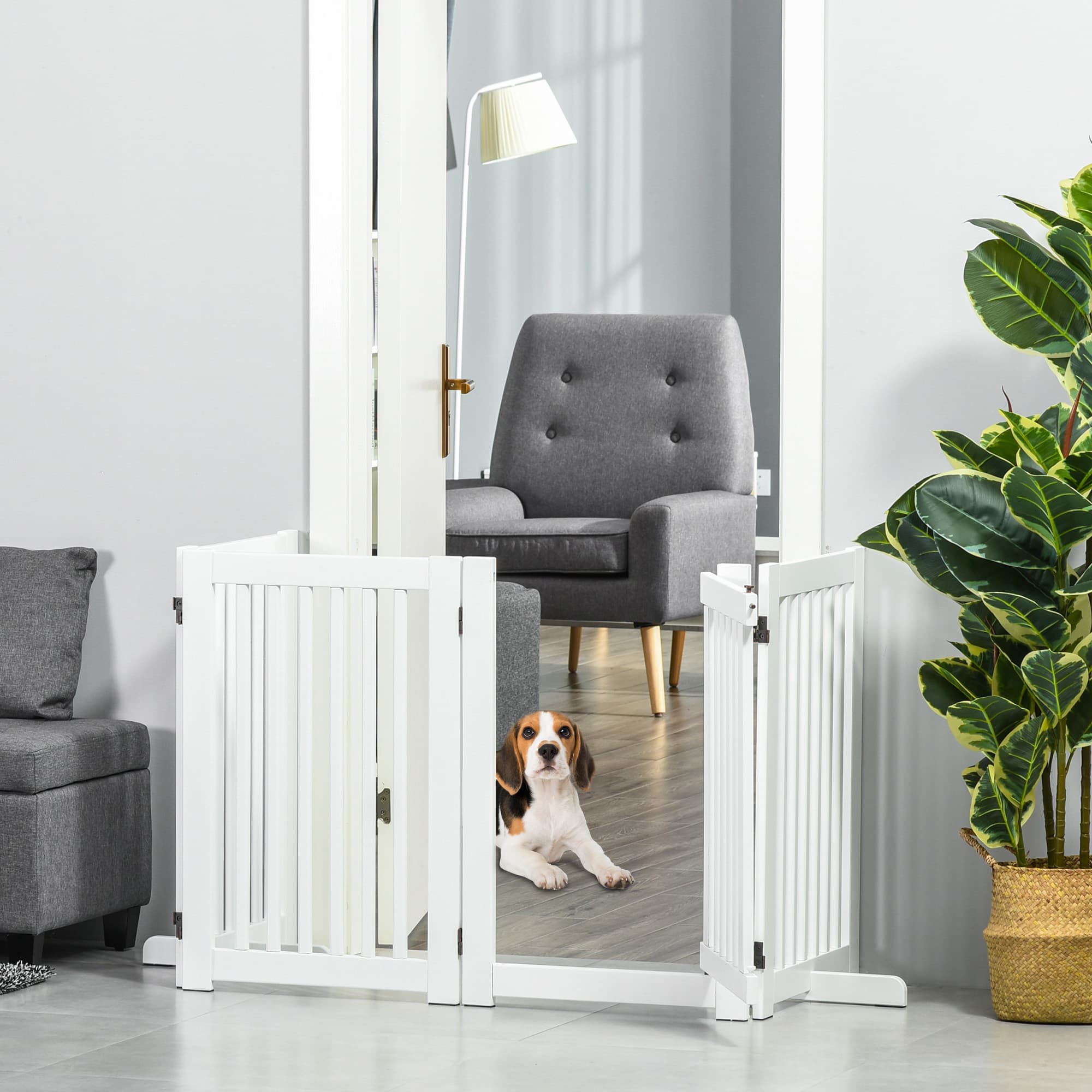 PawHut Freestanding Wooden Pet Gate: Z-Shaped 4 Panel Design with Door for Indoor Doorway Barriers | Aosom Canada